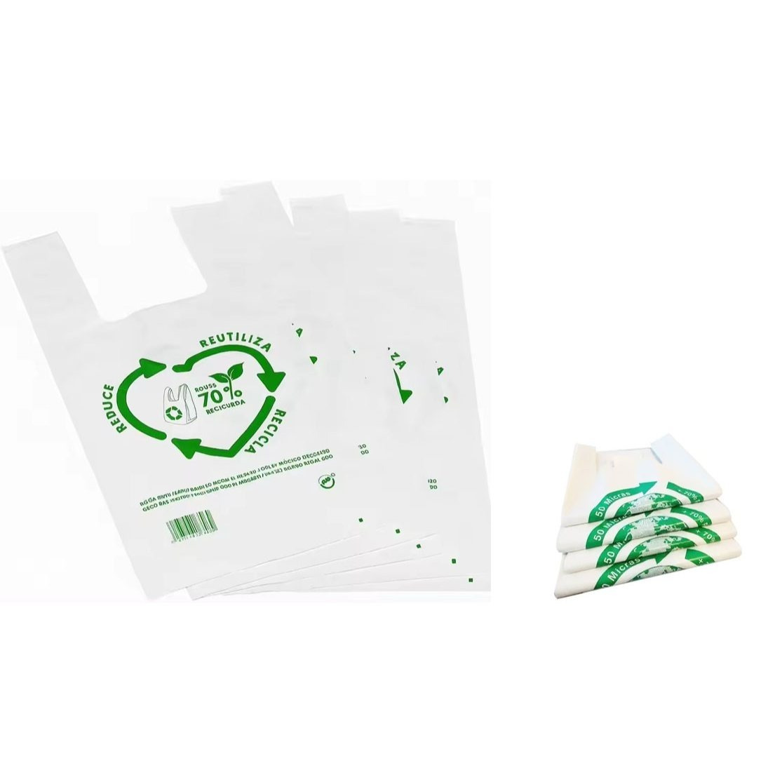 TEMU 50 Bolsas de Plástico Reutilizables, Bolsas de Plástico con Asa, Bolsa de Camiseta Blanca de 50 Micrones 70% Reciclada con Resistencia.