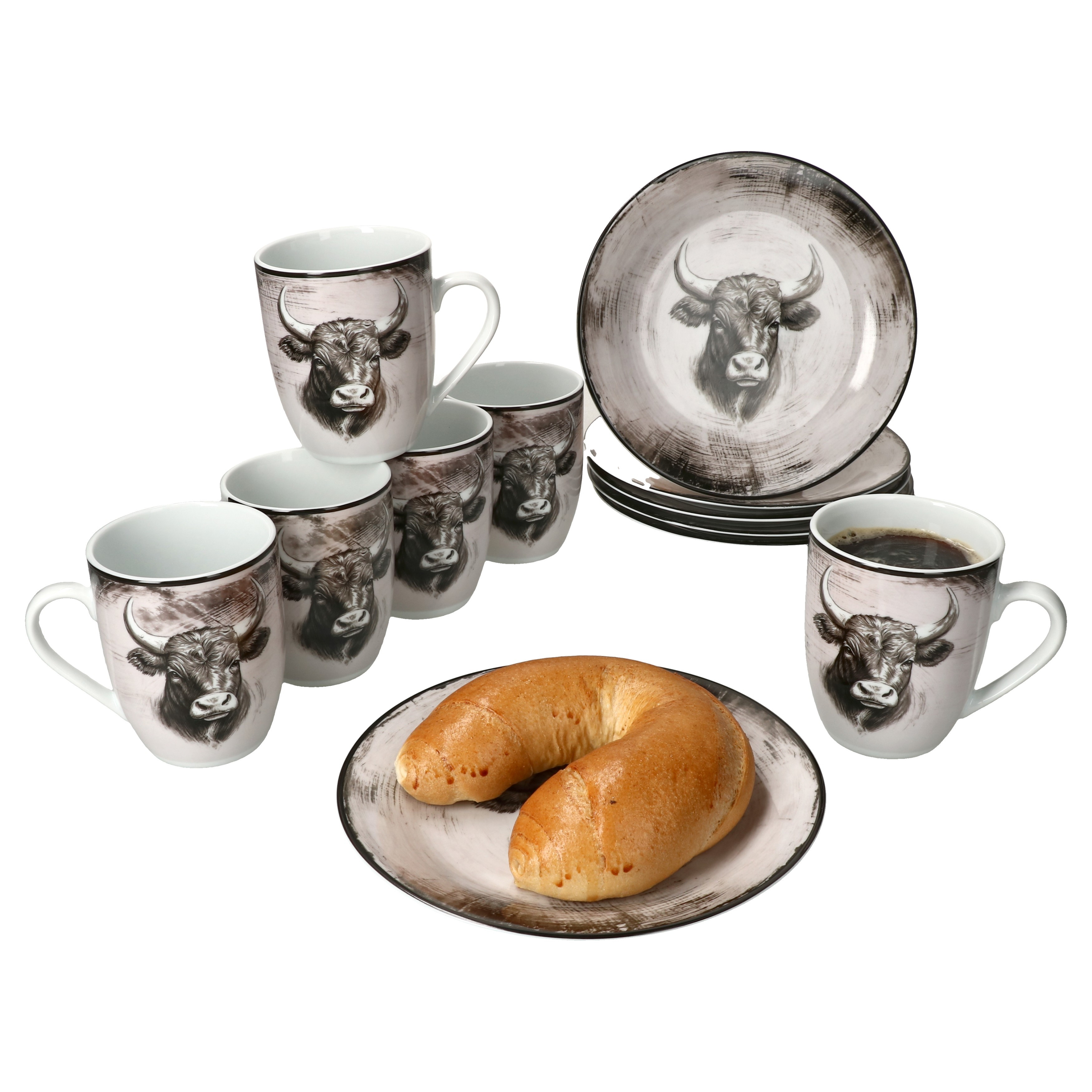 12-piece Porcelain Breakfast Set With Cow Motif For 6 People