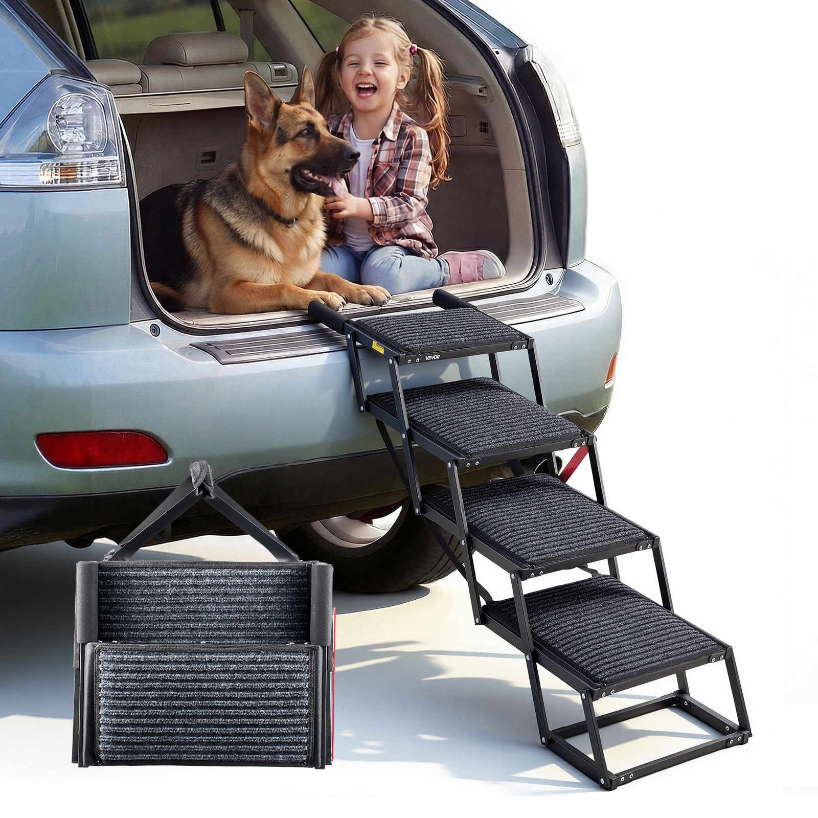 TEMU Vevor Dog Stairs For Car, Extra Wide Foldable Dog Ramp For Large Dogs With Non-slip Rug Surface, Portable Lightweight Pet Ladder For Car, Suv,