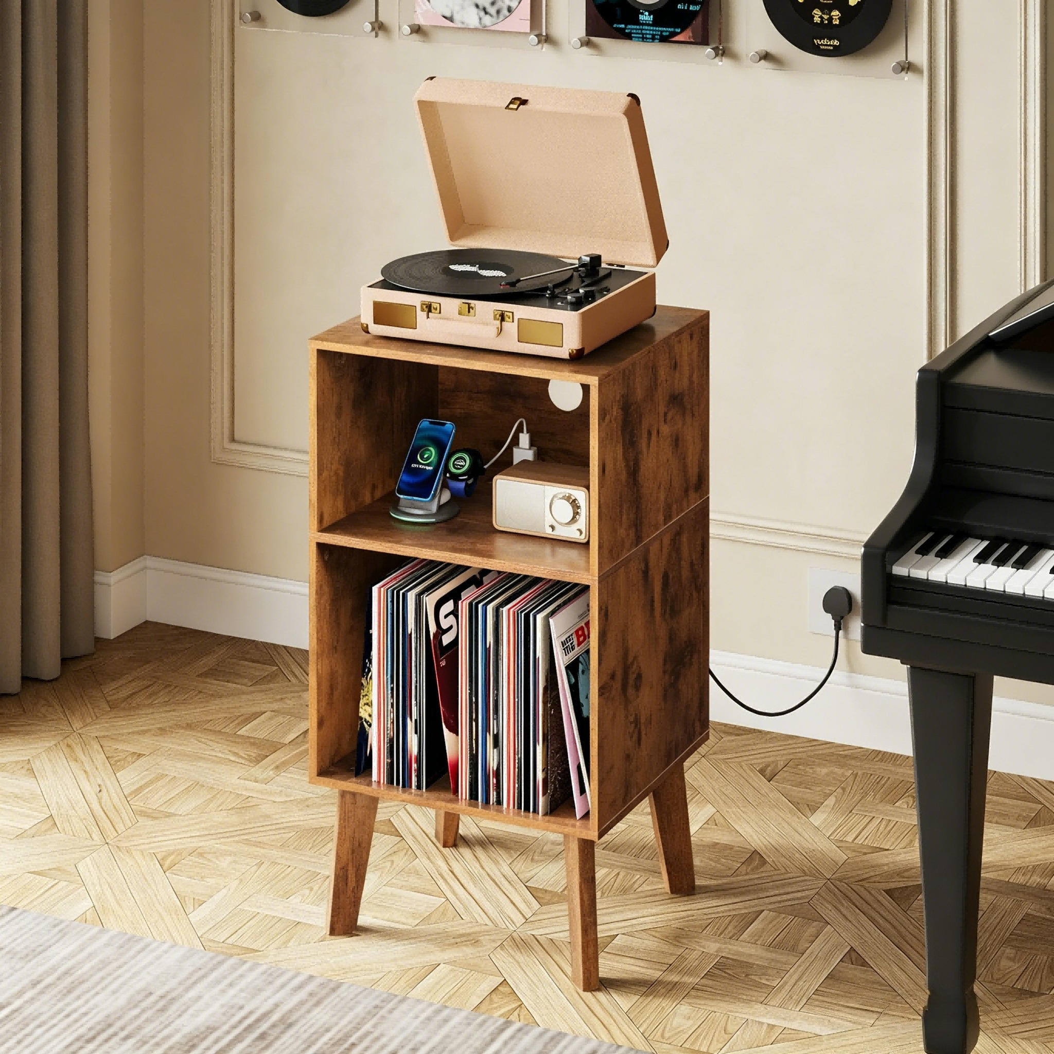 Side Table with Charging Station and 3-Tier Record Player Stand