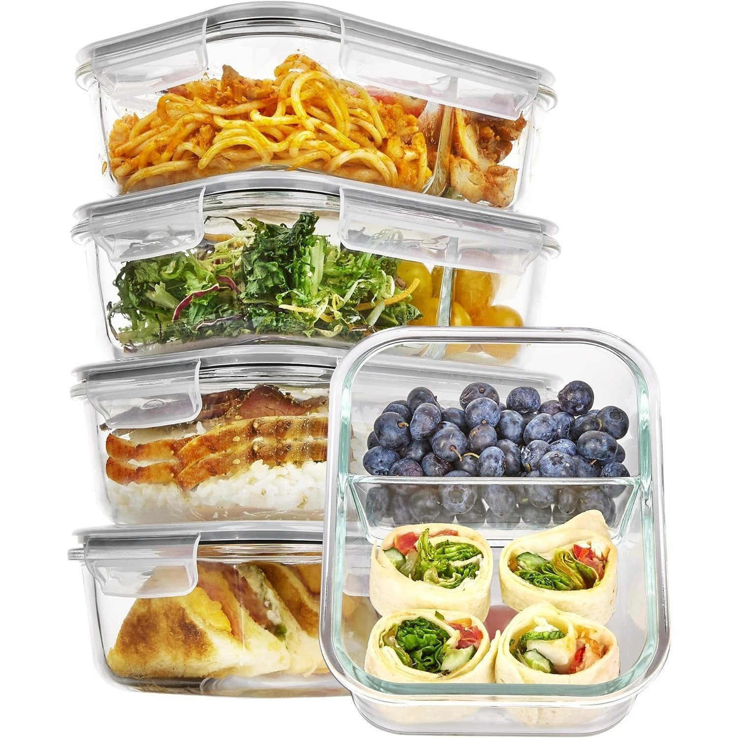 E-shop Glasbehälter mit Deckel, 5- teilig, mit 2 Fächern, Meal prep Gläser, Frischhaltedosen Glas mit Deckel, Glasdosen mit Deckel Set, Meal prep Boxen