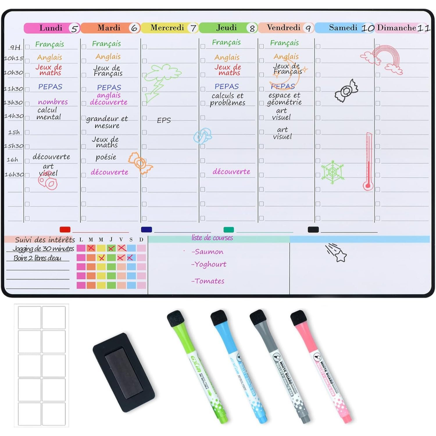 Magnetic Planner For Fridge, Weekly Calendar + 4 Markers Free, French Language