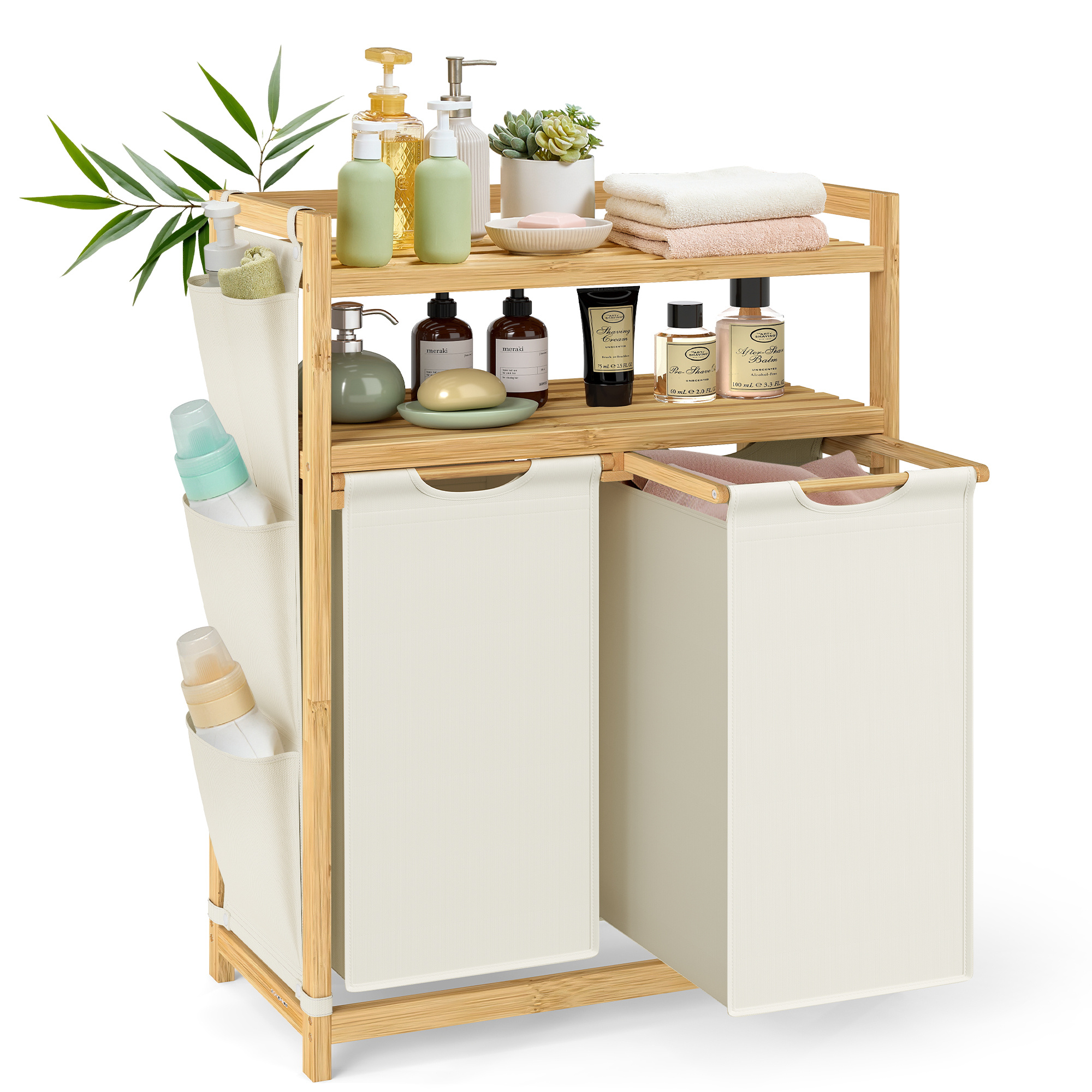 Image of Bamboo Laundry Basket With 2 Compartments, 100 Liter Capacity, With Dividers For Sorting, Includes Mini Laundry Bag Pocket, Double-layer Storage Compartment, 2 × 50 , 63 × 33 × 98 Cm, Cream White