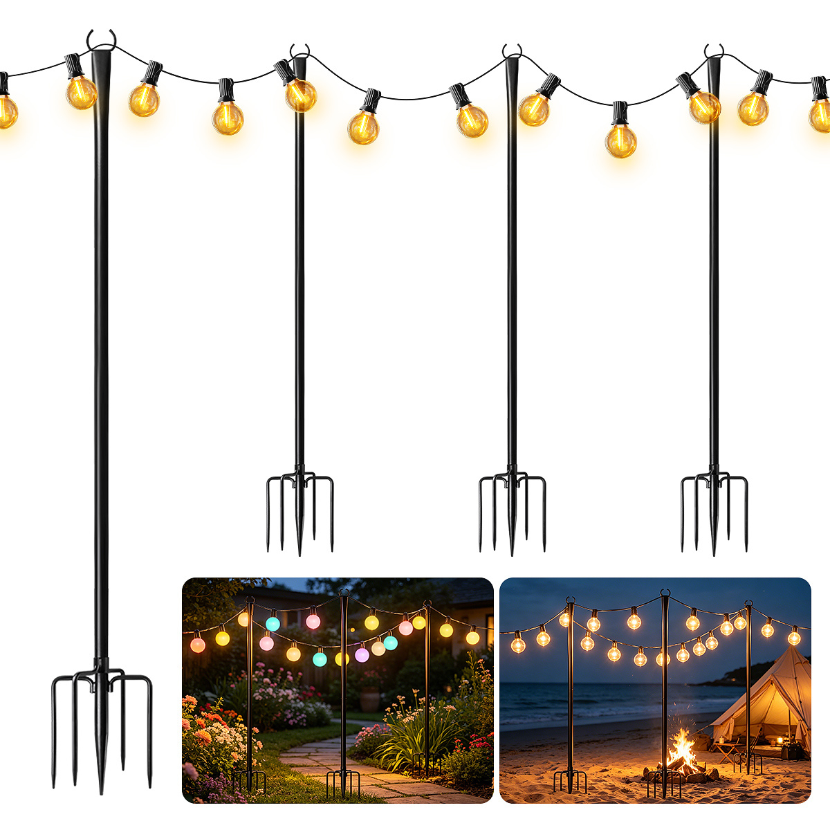 4pcs String Lights Pole, Deck String Rod, Wind-resistant Holder , Outdoor Lamp Posts For Patio, Road, Porch, Balcony, Fence, Garden, Backyard, Lawn