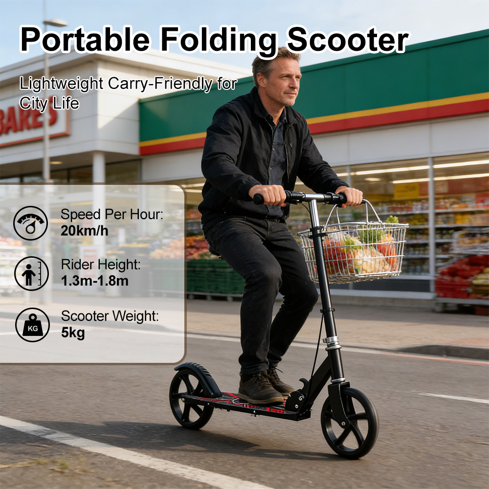 E-shop Tragbarer faltbarer Roller mit großen Rädern, einfaches -Falten, verstellbarer Lenker, 100 kg Tragkraft, für eine sanfte , leicht, stoßdämpfende