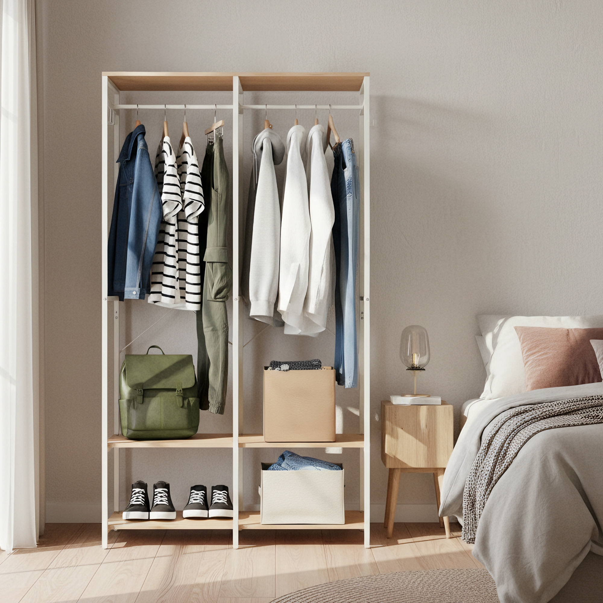 Open Coat Rack With Shelves, Clothes Rail, And Removable Hooks, Bedroom, 40 X 94.5 X 180 Cm, Beige
