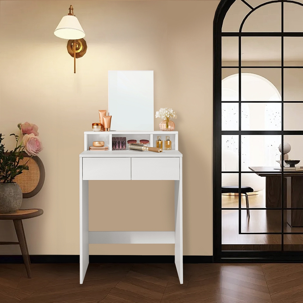 Dressing Table With Large Mirror, Vanity, 2 Drawers, 3 Open Shelves, Cosmetic Table, Modern
