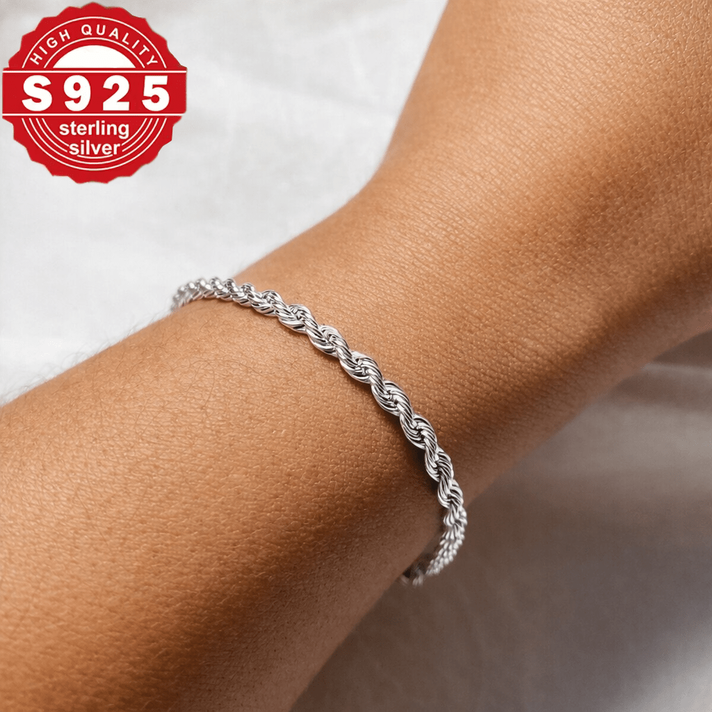 TEMU Bracelet en argent sterling 925 pour femme et homme – Chaîne corde tressée 4 mm, longueur 20 cm, à haute brillance, cadeau de bijou et élégant