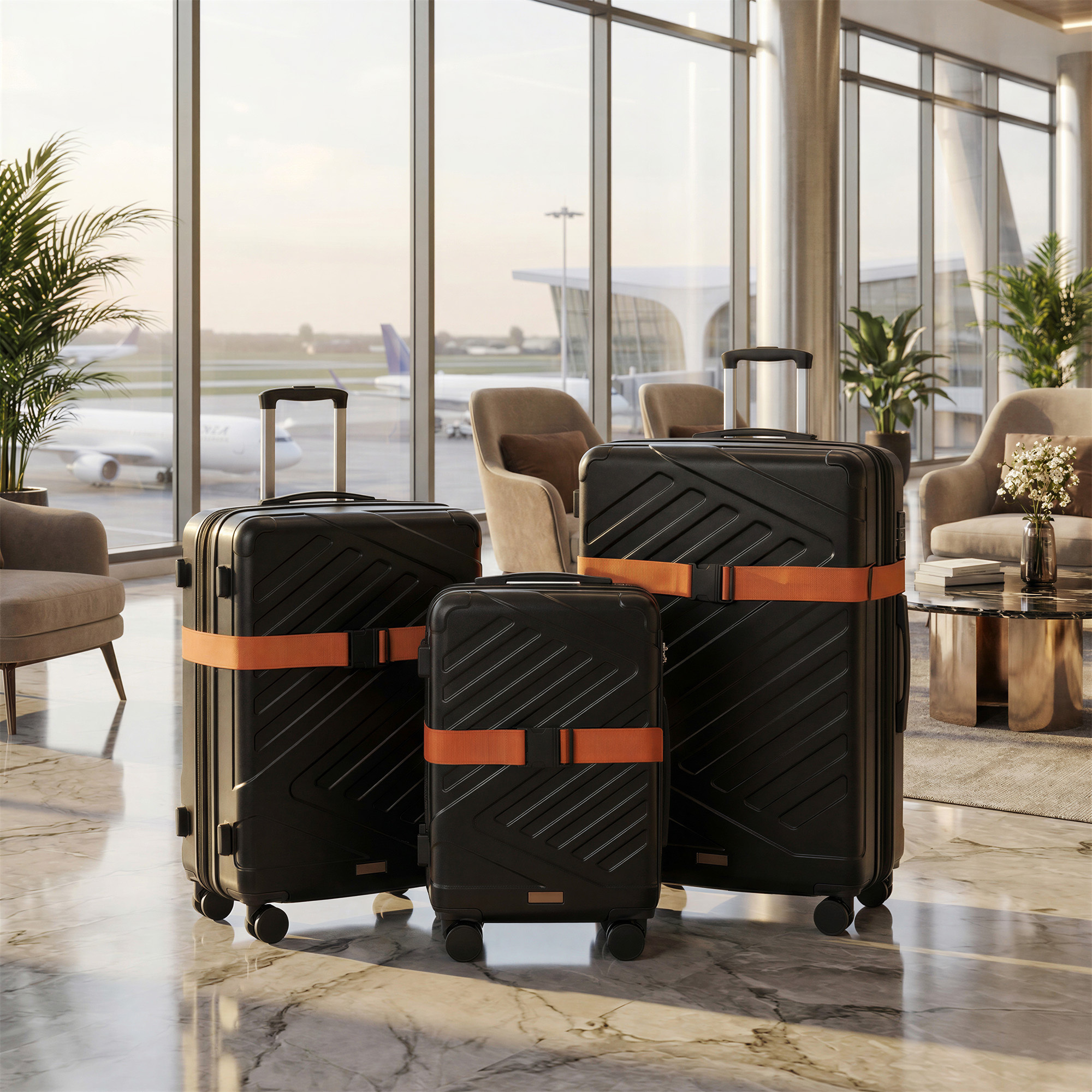 Suitcase Set, Hardshell Suitcase With And Luggage Strap, Expandable, M/l/xl, For Vacation, 4 Wheels, Black
