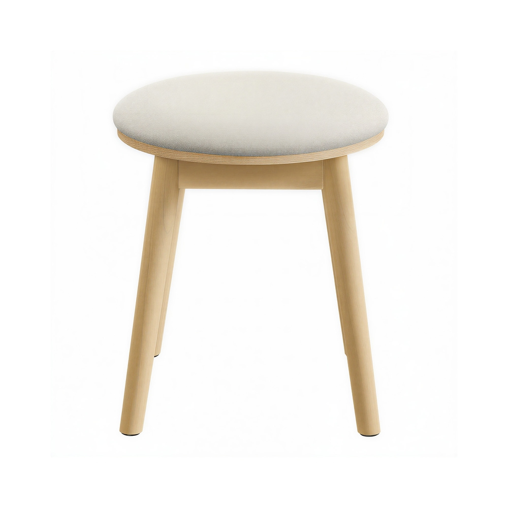 Image of Rounded, Upholstered Stool In Boho Style With Solid Wood Legs And Non-slip Footpads. Color Scheme In Cream White And Oak Beige. Suitable For Use At The Dressing Table In The Bedroom Or As A Footrest.