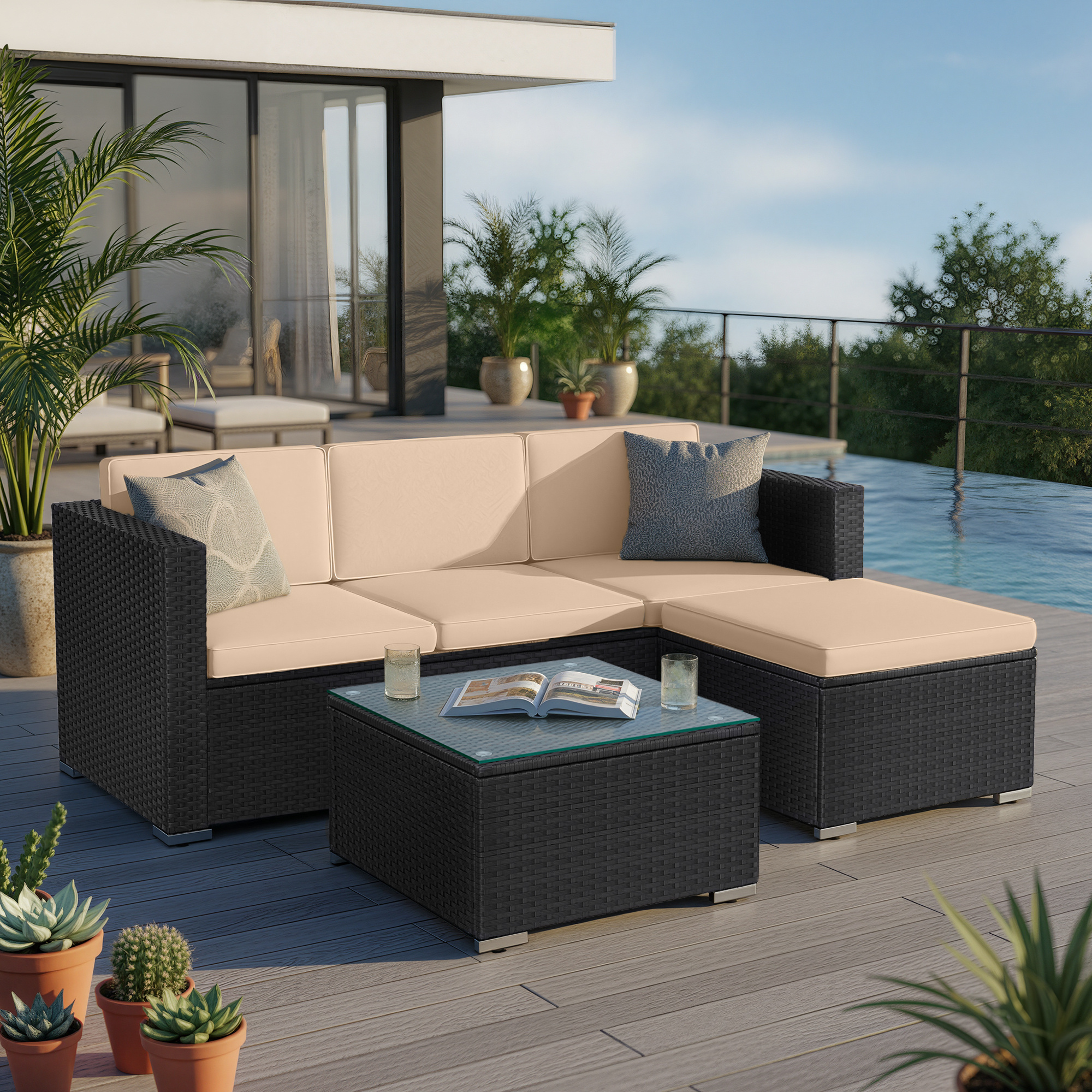 juego de muebles de jardín, juego de muebles de ratán pe para patio, sofá de   para exteriores, juego de conversación de ratán   a  , con cojines y mesa de vidrio,  