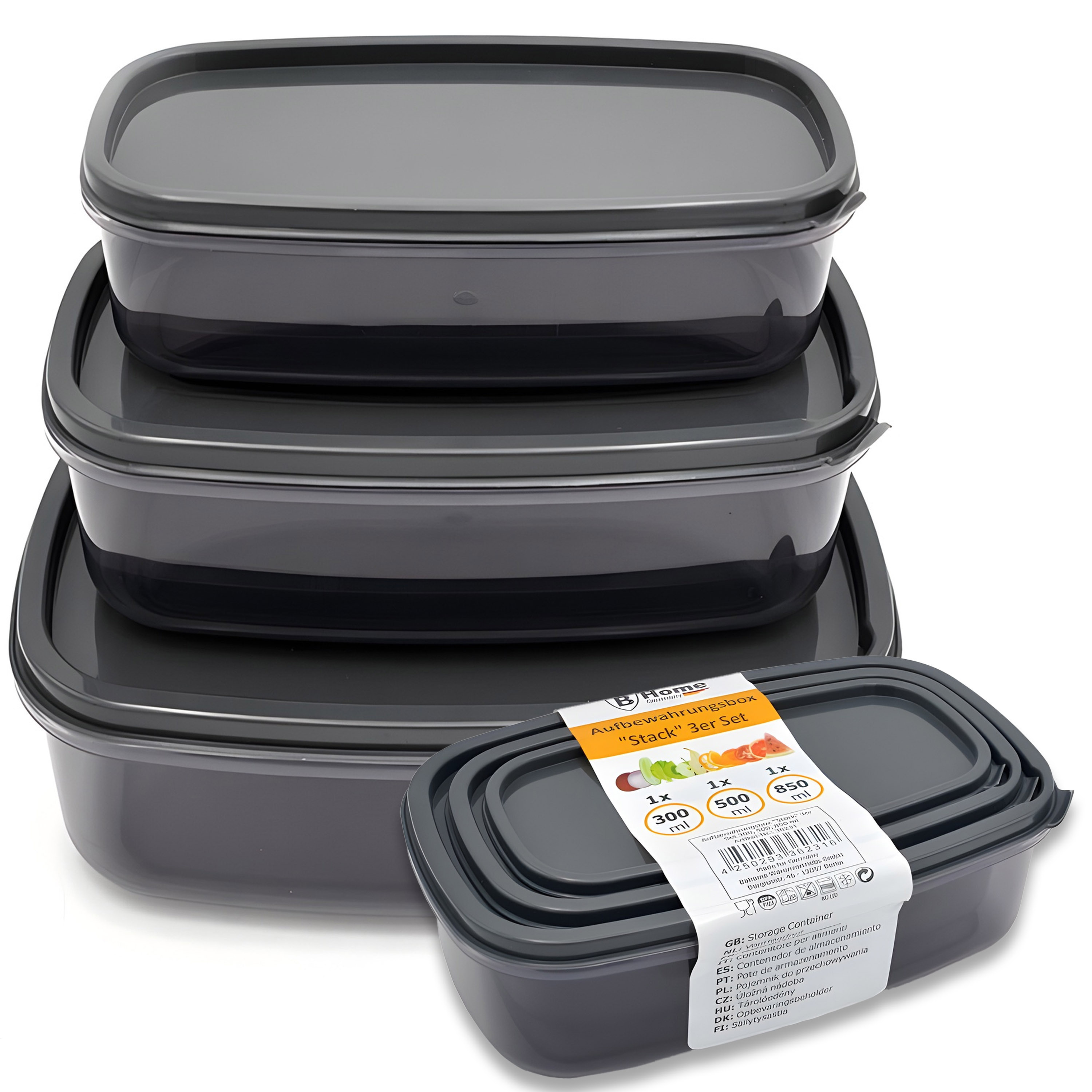 Storage Box Set 3pcs. - Canisters 1350 / 2000 / 3150 Ml - 300ml, 500ml, 850ml | Stackable (stack) | Airtight | Transparent &
