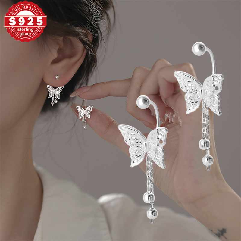 TEMU 925 Sterling Earrings For Women, Dangling Stud Earrings With Chain, Elegant Earrings, Lightweight & Feminine Jewelry For Everyday Wear & Gift
