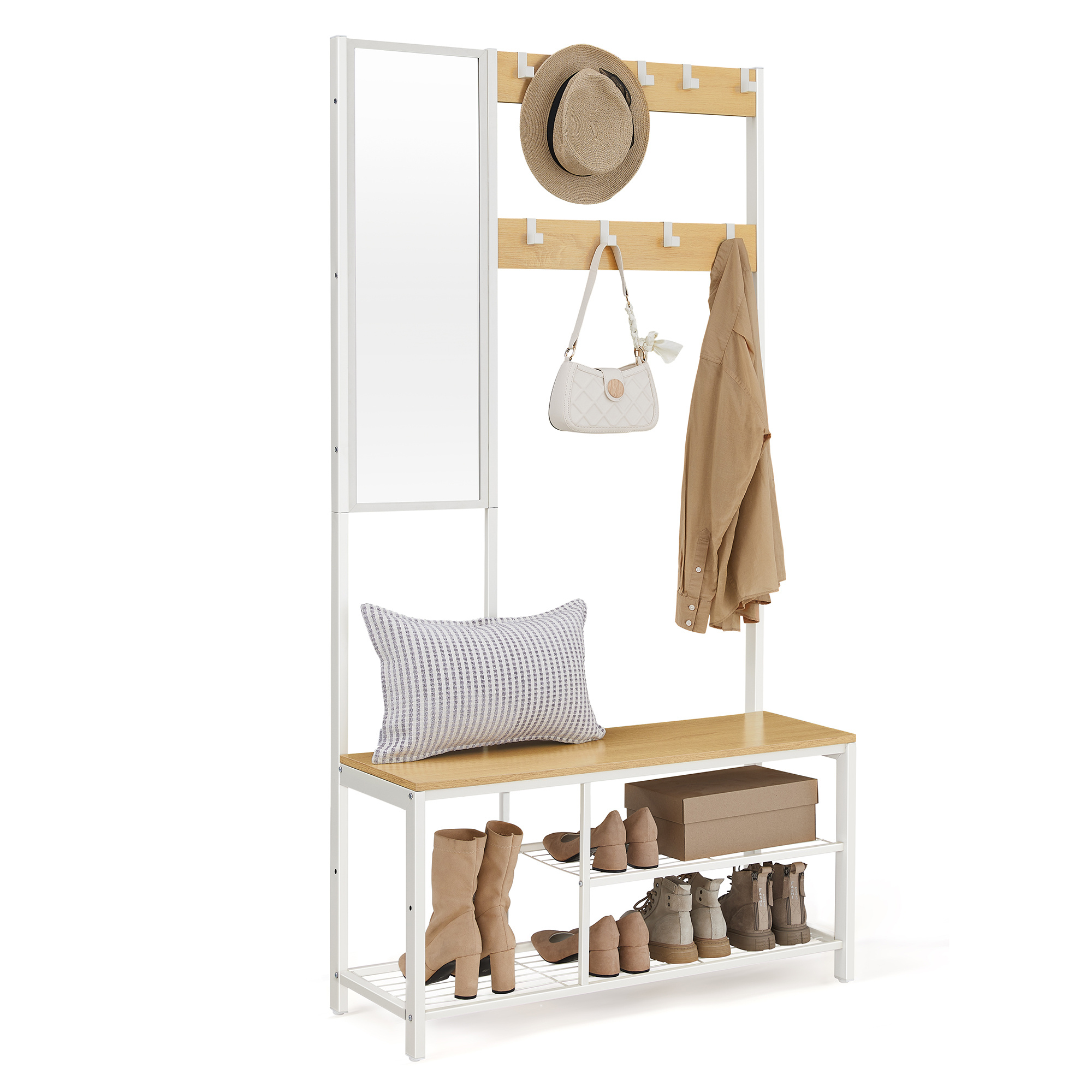 Wardrobe Stand, Wardrobe With Hooks, Clothes Stand With Mirror, Shoe Bench And Shelves, Height 185 Cm, Oak-