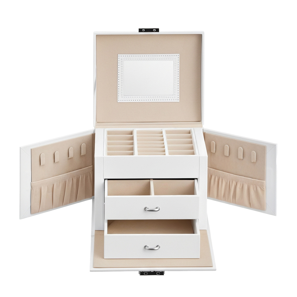 3-tier Jewelry Box With Handle, 2 Drawers, Mirror, Lock, White Cover, Beige Lining