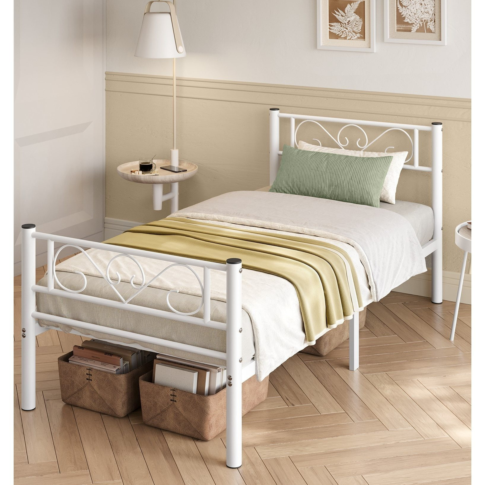 Matte White Metal Single Bed Frame Measuring 90 X 200 Cm, Suitable Bed. The Bed Frame Of A Metal Construction And Quickly And Easily Assembled
