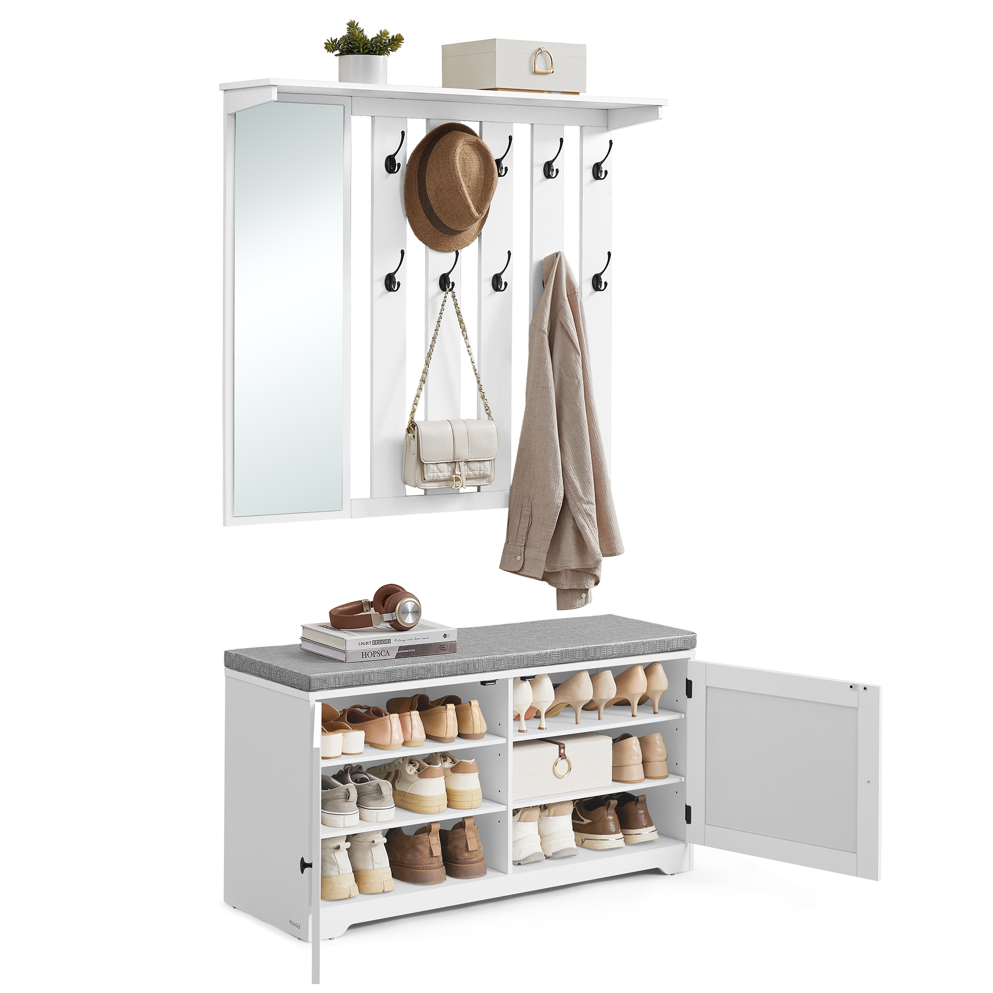 Bench With Wardrobe, With Mirror, 10 Double Hooks, Adjustable Shelves, Bench, 101 Cm Wide, White