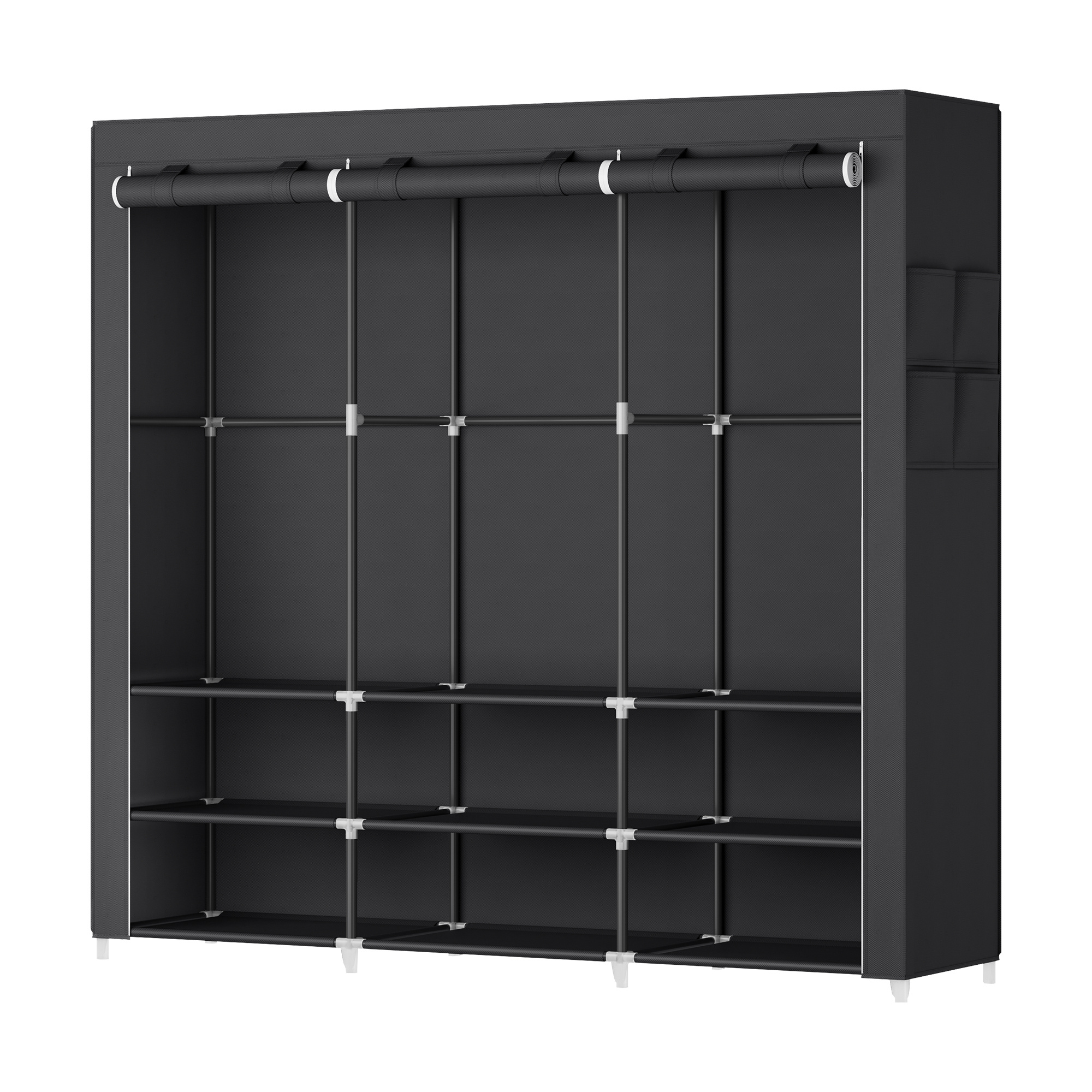 Clothing Rack Made Of Fabric With 3 Hanging Compartments, Shelves, And 4 Pockets, Wardrobe For Bedroom, Large Capacity, Living Room, Black.