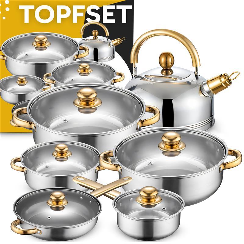 E-shop 12-teiliges Edelstahl-Kochgeschirrset, Retoo – 3 Töpfe + 1 kleiner Topf + 1 Pfanne + 6 Deckel aus gehärtetem Glas (mit Dampfventil) + 1