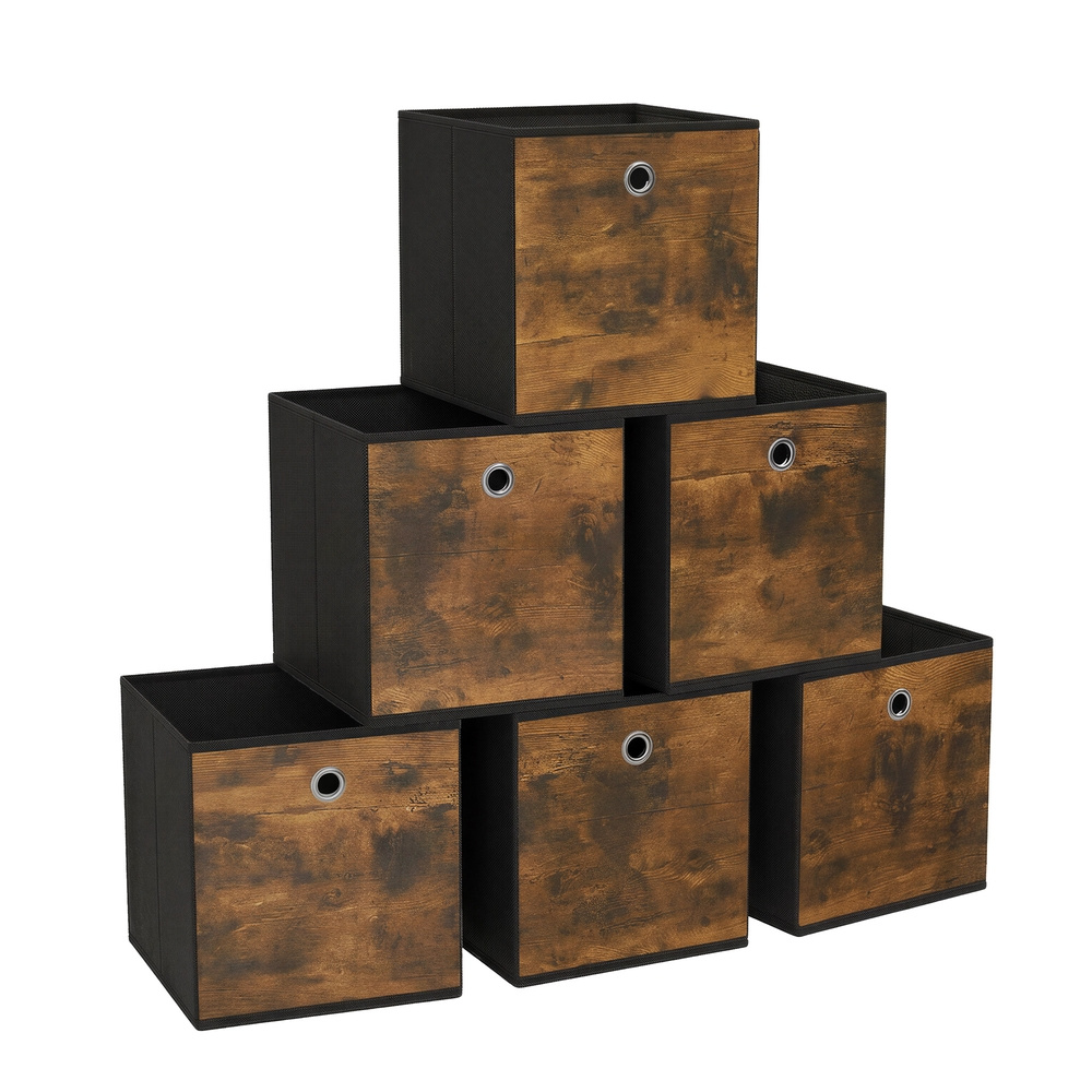 6-piece Set Of Fabric Storage Boxes, Foldable Cube Baskets With Handles, For Shelves, Brown-black