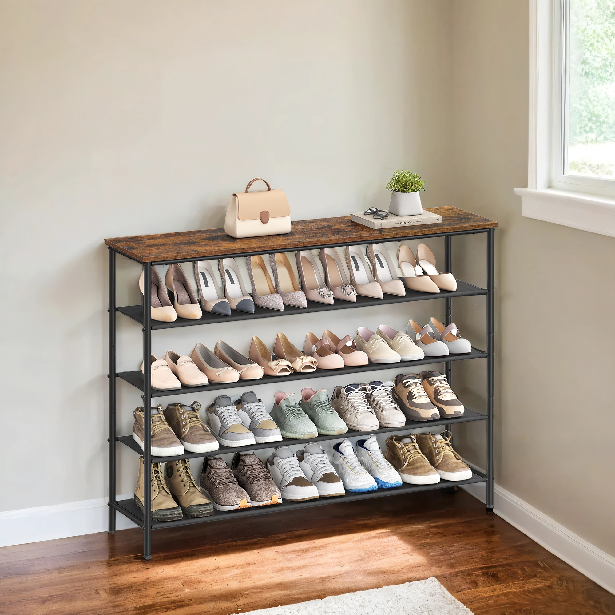 Shoe Rack 5 Tiers, Hall Rack, 4 Fabric Shelves, Shoe Storage, Metal Frame, Brown-black