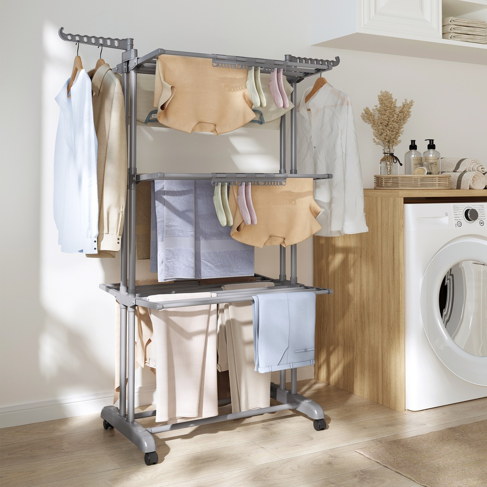 Clothes Rack, 4-tier Stand Dryer, Foldable, Rollable, Winged Clothes Rack, Sock Holder, 63.5 X 128 X 173 Cm