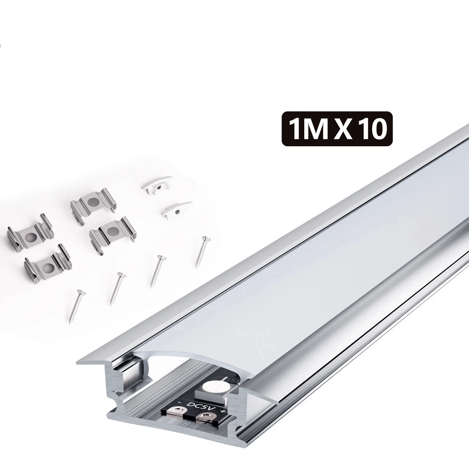 Image of 10-pack 1m Led Aluminum Profile Recessed Aluminum Channel For Led Strips With Cover, End Caps And Mounting Clips, For Cabinet, Kitchen, Shelf