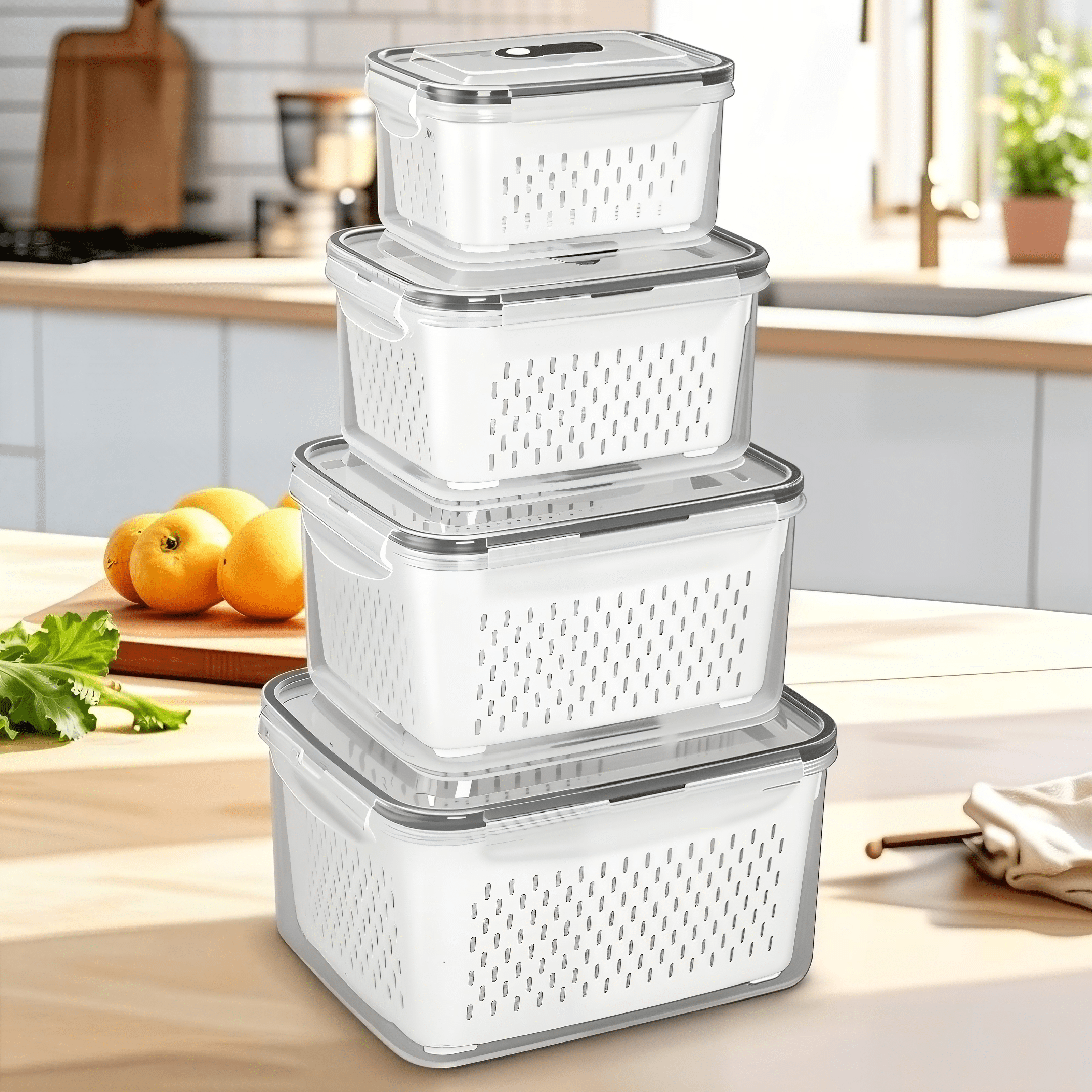 Image of 4-piece Set, Food Storage Container， A Large Capacity 2-in-1 Preservation Container With A Designed Drainage Layer To Keep . Refrigerator Storage Box, Ideal For Picnics/offices/schools/trips.