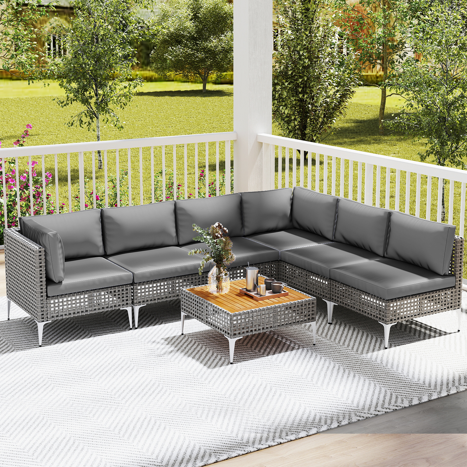 Image of 7 Pieces Outdoor Patio Furniture Set, Wicker Sectional Sofa Set With Cushions And Acacia Wood Coffee Table, Rattan Conversation Seating For Garden, Poolside And Backyard