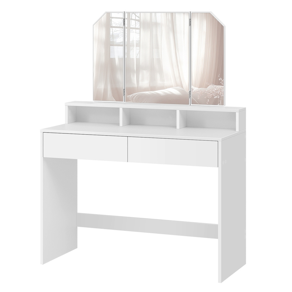 Dressing Table With Flip Mirror And 2 Drawers, Vanity, Cosmetic Table With 3 Open Compartments, Dresser, White
