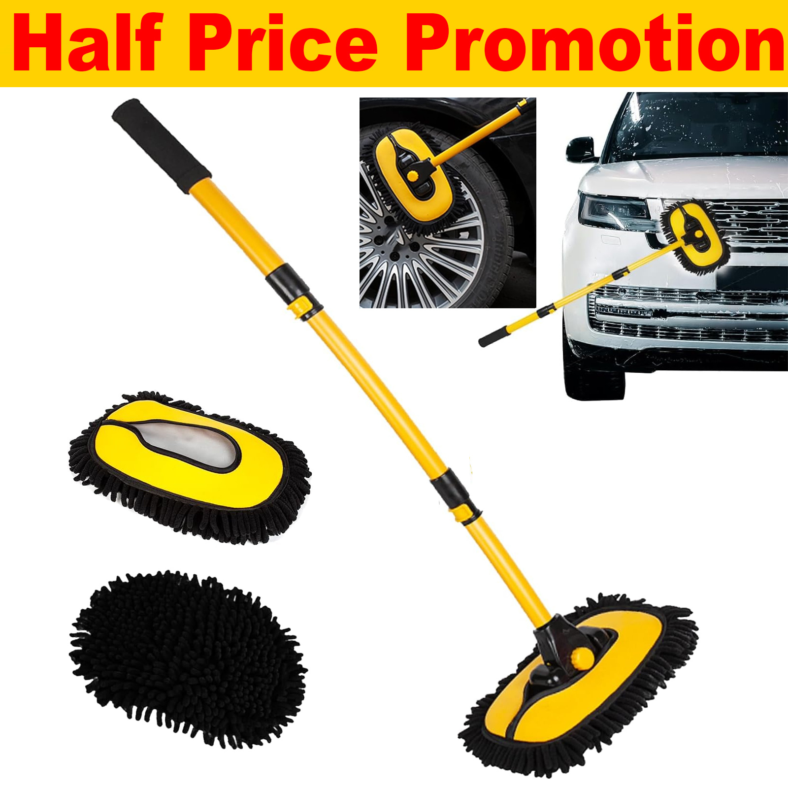 15° Curved Car Wash Brush With Extendable Aluminum Handle (55"), High-density Chenille Mop Head, Safe Scratch-free Cleaning For Car Roof, Windows, Rv, Truck & Solar Panels (2 Mop Heads)