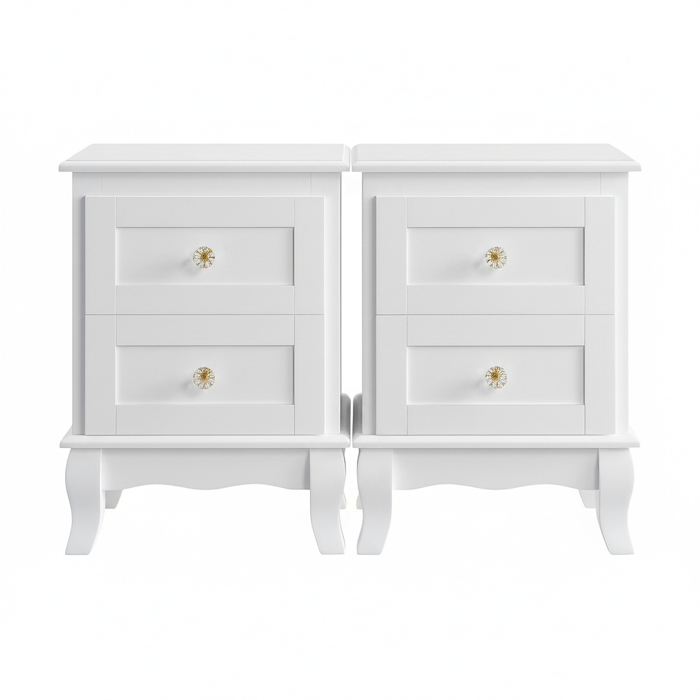 Nightstand, 2-piece Set, Side Table With 2 Drawers Each, Pine Wood Legs, Spacious, White