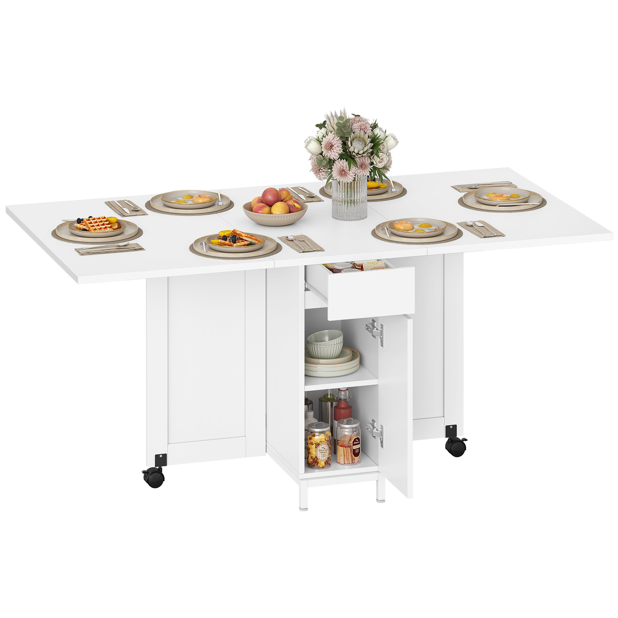 TEMU Mesa de comedor plegable Hzuaneri, panel plegable con ruedas, mesa plegable multifuncional, con cajones, gabinetes, estantería de dos niveles,