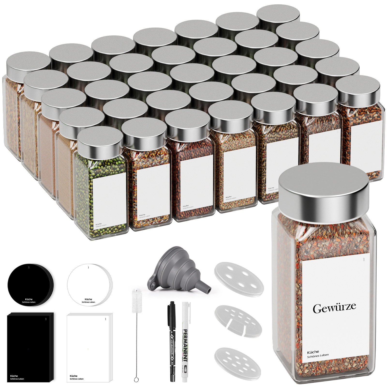 35 Glass Spice Jars, Spice Containers, Stainless Lids, Funnel Spice Jars For Spice Racks, Cabinets Or Drawers, Keep Spices Fresh And Dry.