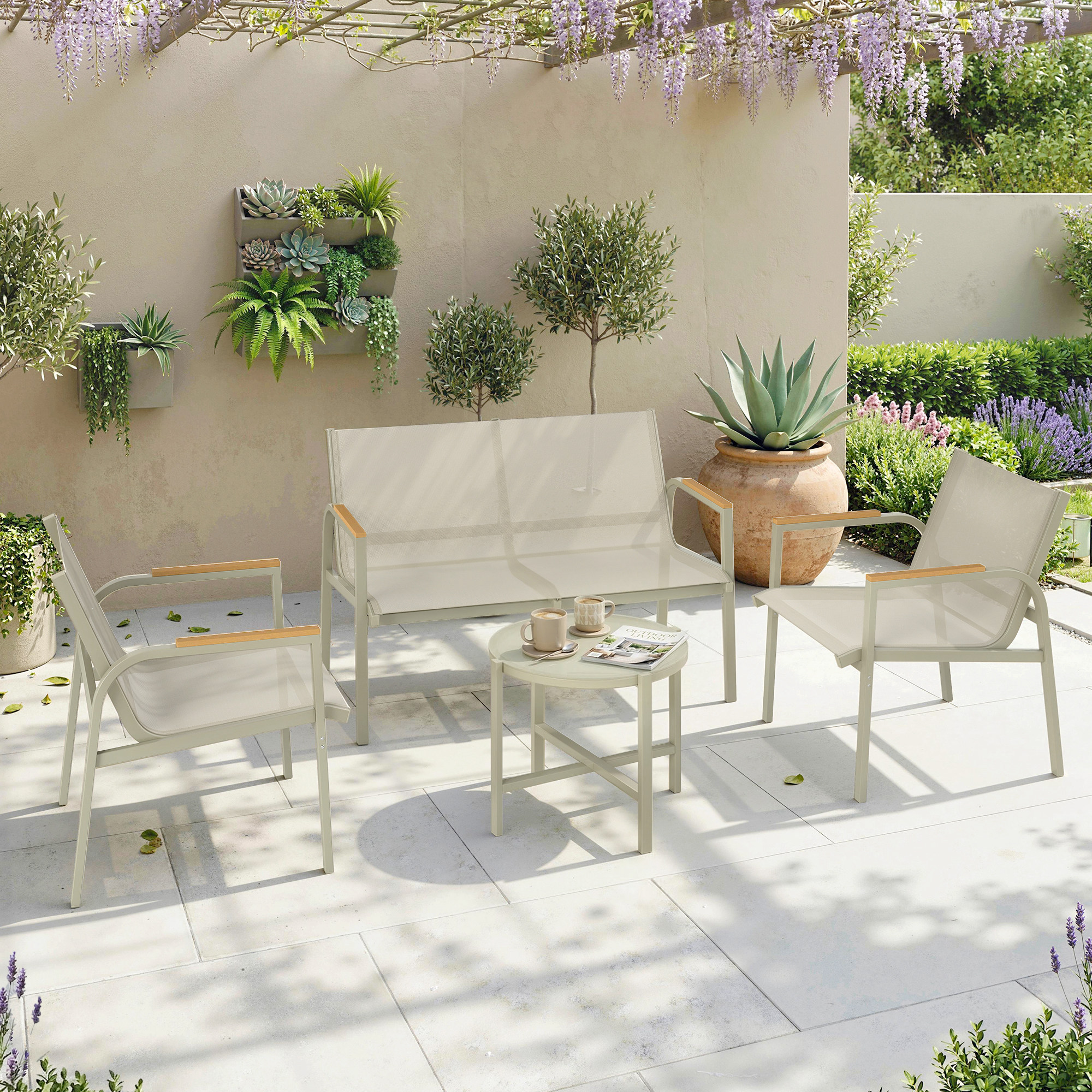 Image of Weatherproof Metal Garden Furniture Set For , Garden Lounge With 2-seater Sofa, 2 Armchairs, And Side Table, Outdoor Balcony Furniture Set, Terrace Furniture For Garden And Balcony, Green