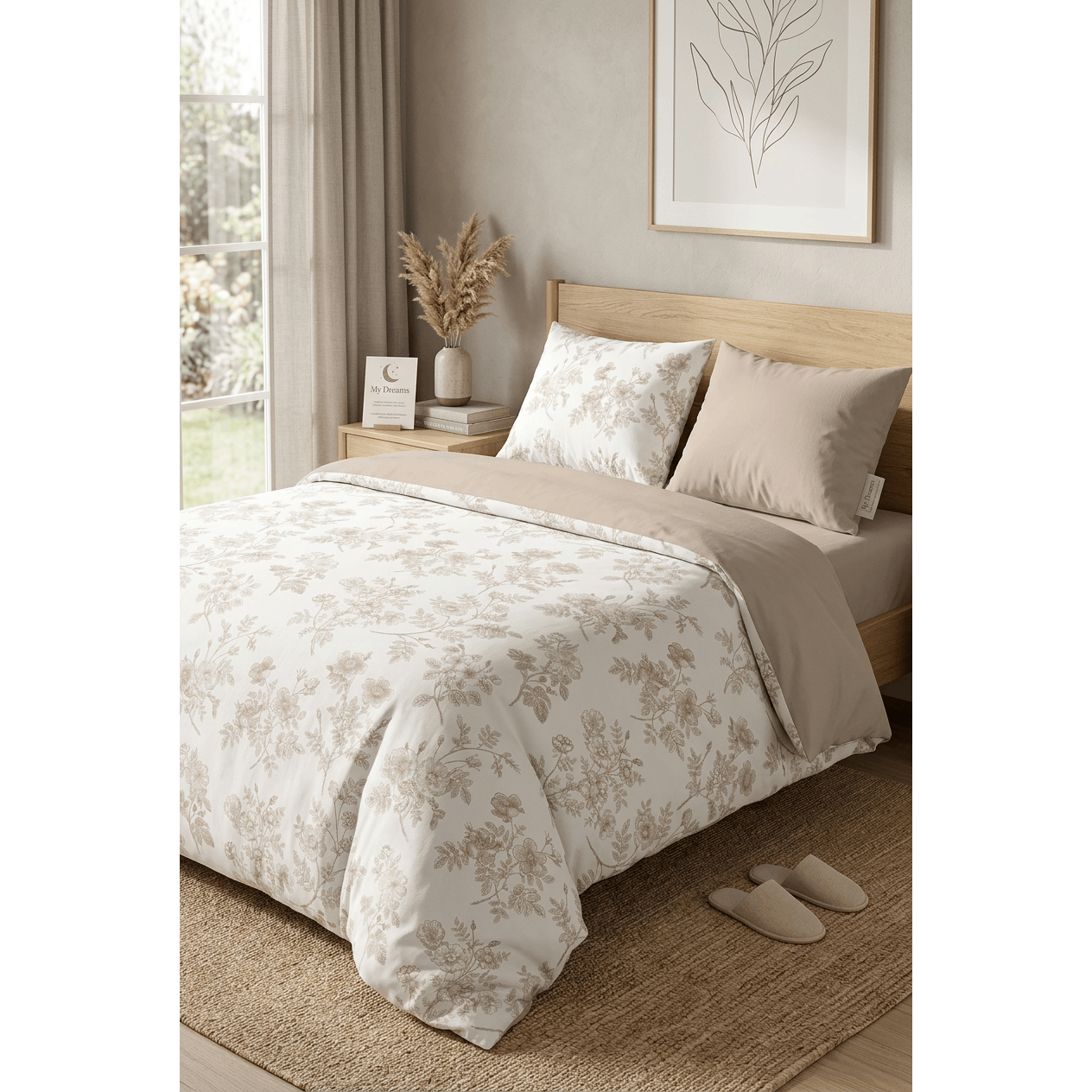 Bedspread With Botanical Flower Pattern, White And Beige, House Style, Bedding, Zipper, From