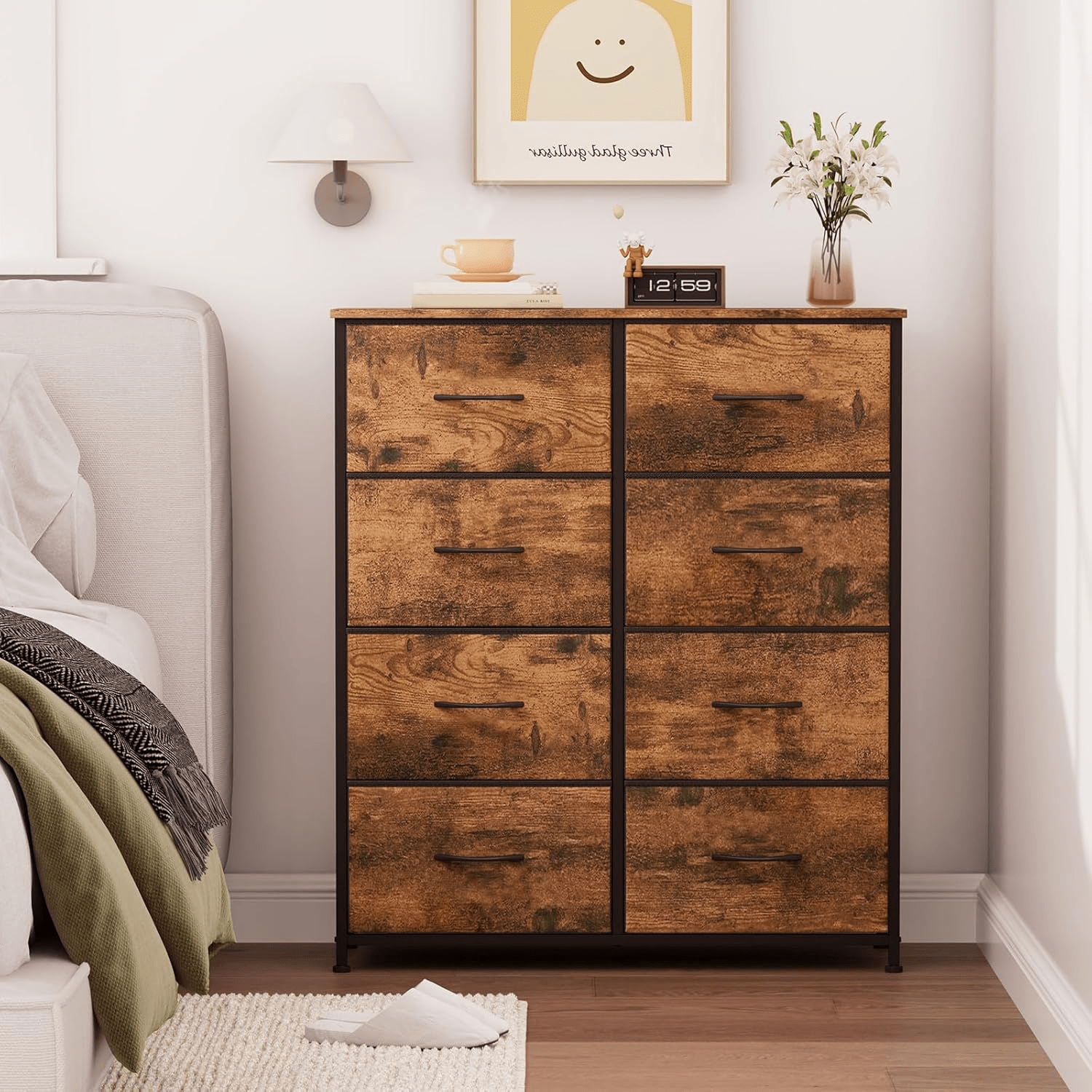 Image of Fabric Chest Of Drawers With 8 Drawers, Sideboard With Wooden Top, Cabinet For Living Room, Hallway, Dresser Cabinet, Kitchen Cabinet, Bedroom Cabinet, Storage Cabinet, Wood Grain