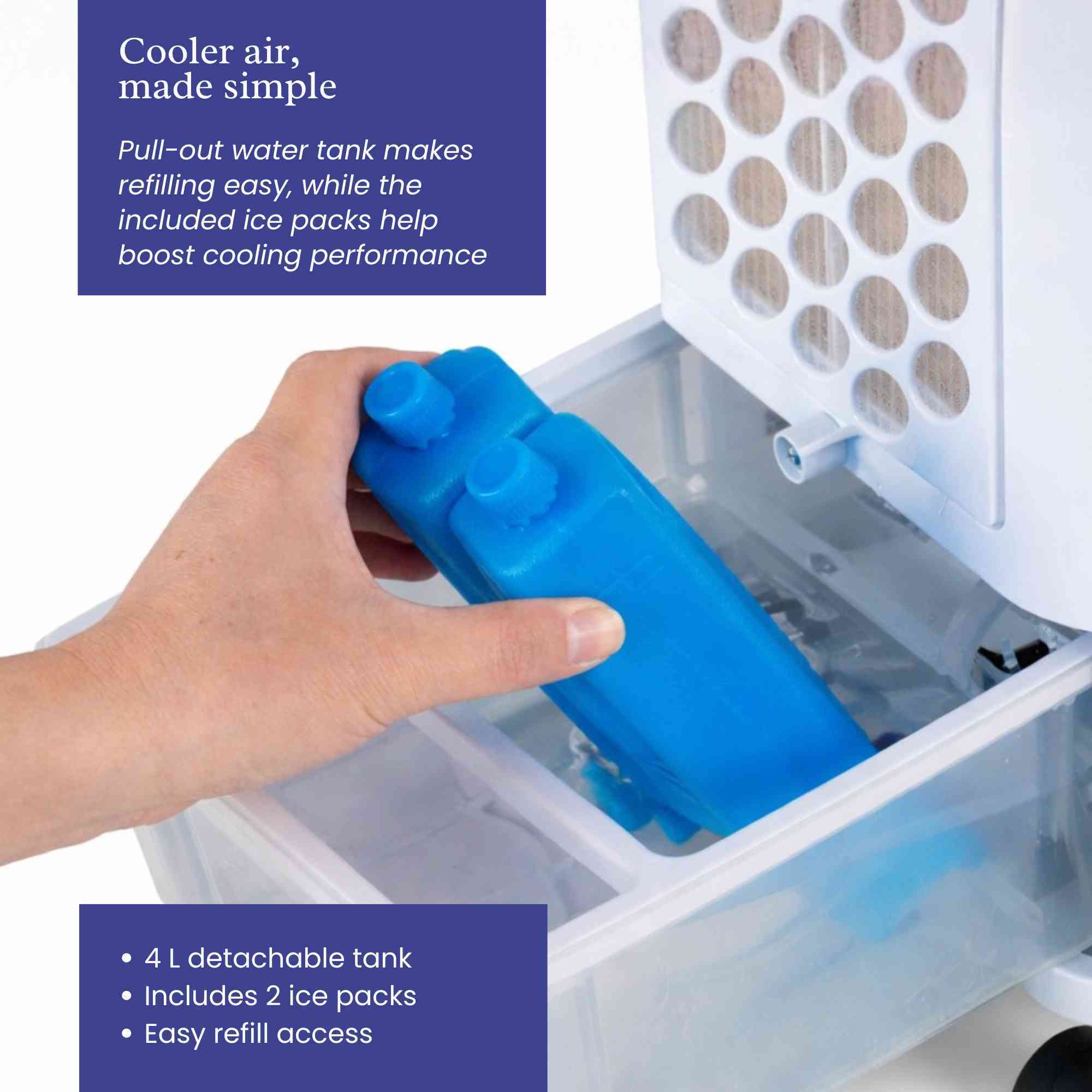 portable evaporative air cooler with humidifier 4l tank remote control 2 ice packs 3   7 5 hour timer   bedroom room cooler with wheels