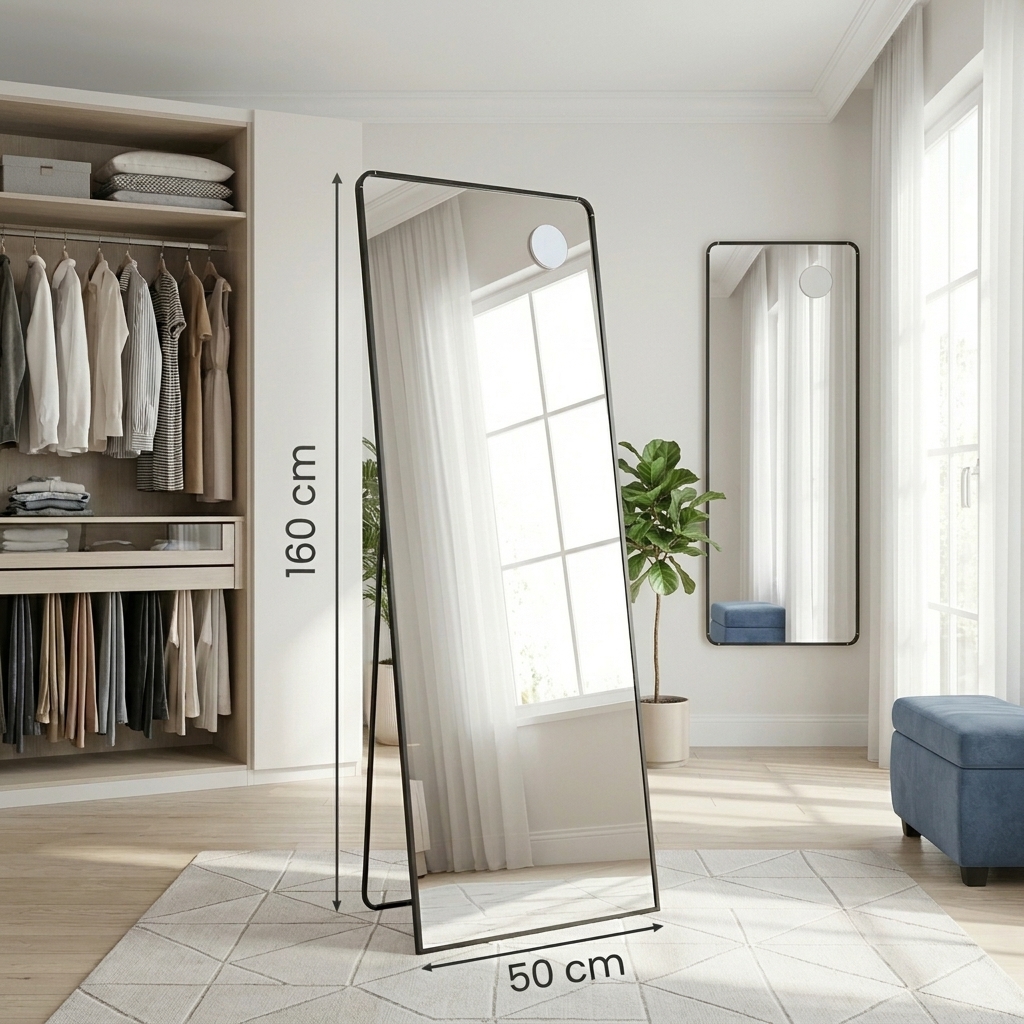 E-shop Ganzkörperspiegel, 160 x 50 cm, rechteckiger Standspiegel, Mit 5- Vergrößerung, Rahmen aus Aluminiumlegierung, Hartglas, für Schlafzimmer,