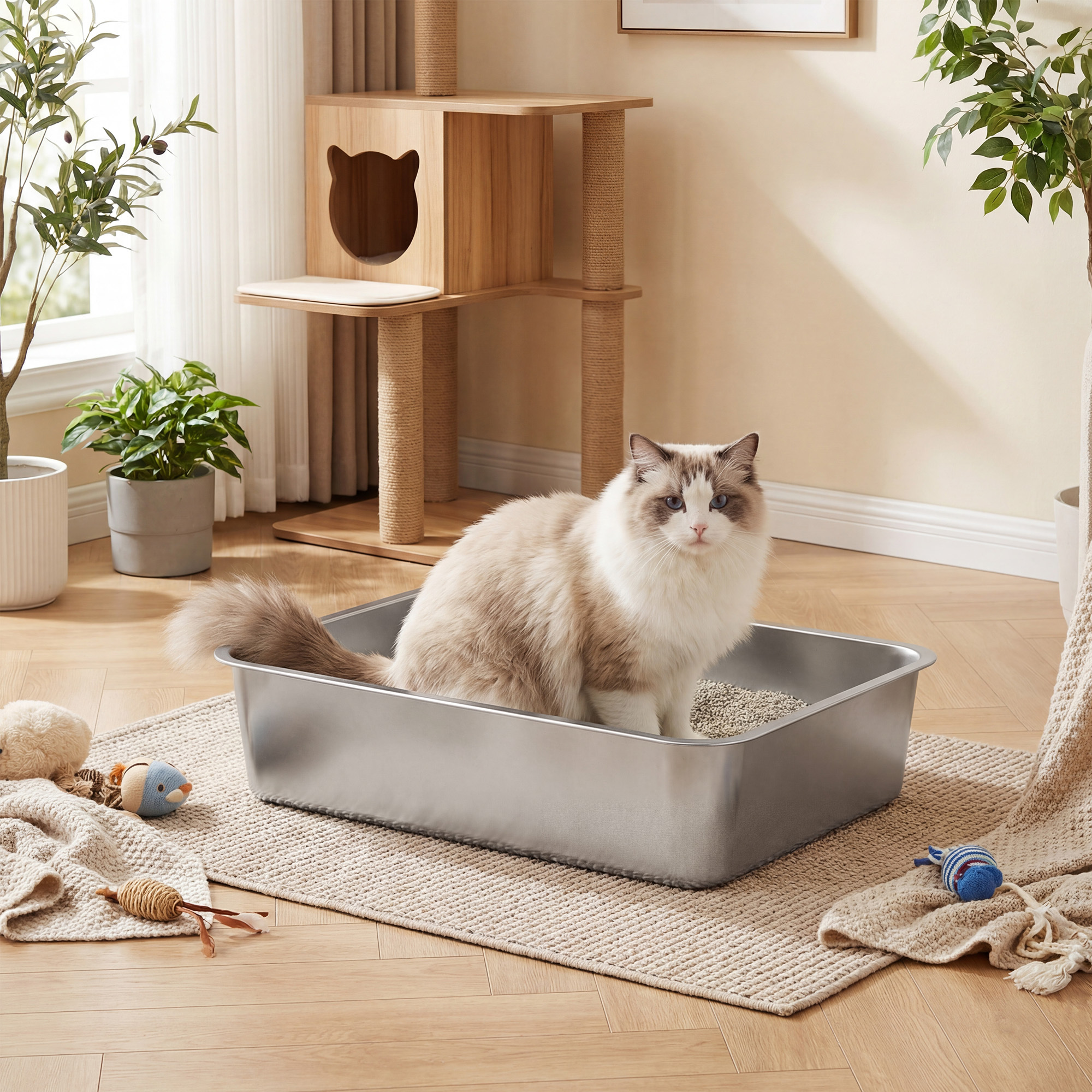 TEMU Bac à Litière pour Chats en Acier Inoxydable, Ouvert, pour Chats de Taille Moyenne et Grande, 50 x 35 x 15 cm, Argent