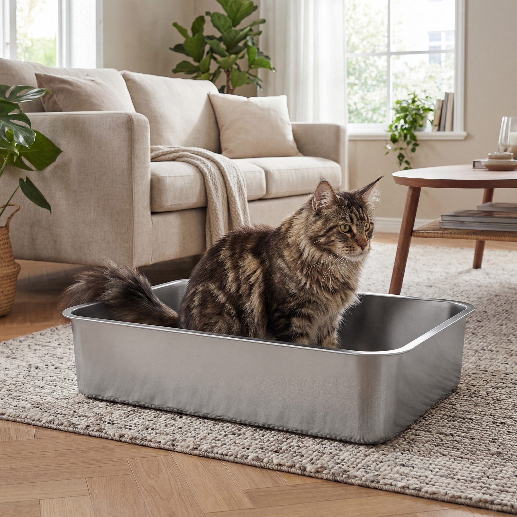 TEMU Bac à Litière pour Chats en Acier Inoxydable, Ouvert, pour Grands Chats, 60 x 40 x 15 cm, Argent