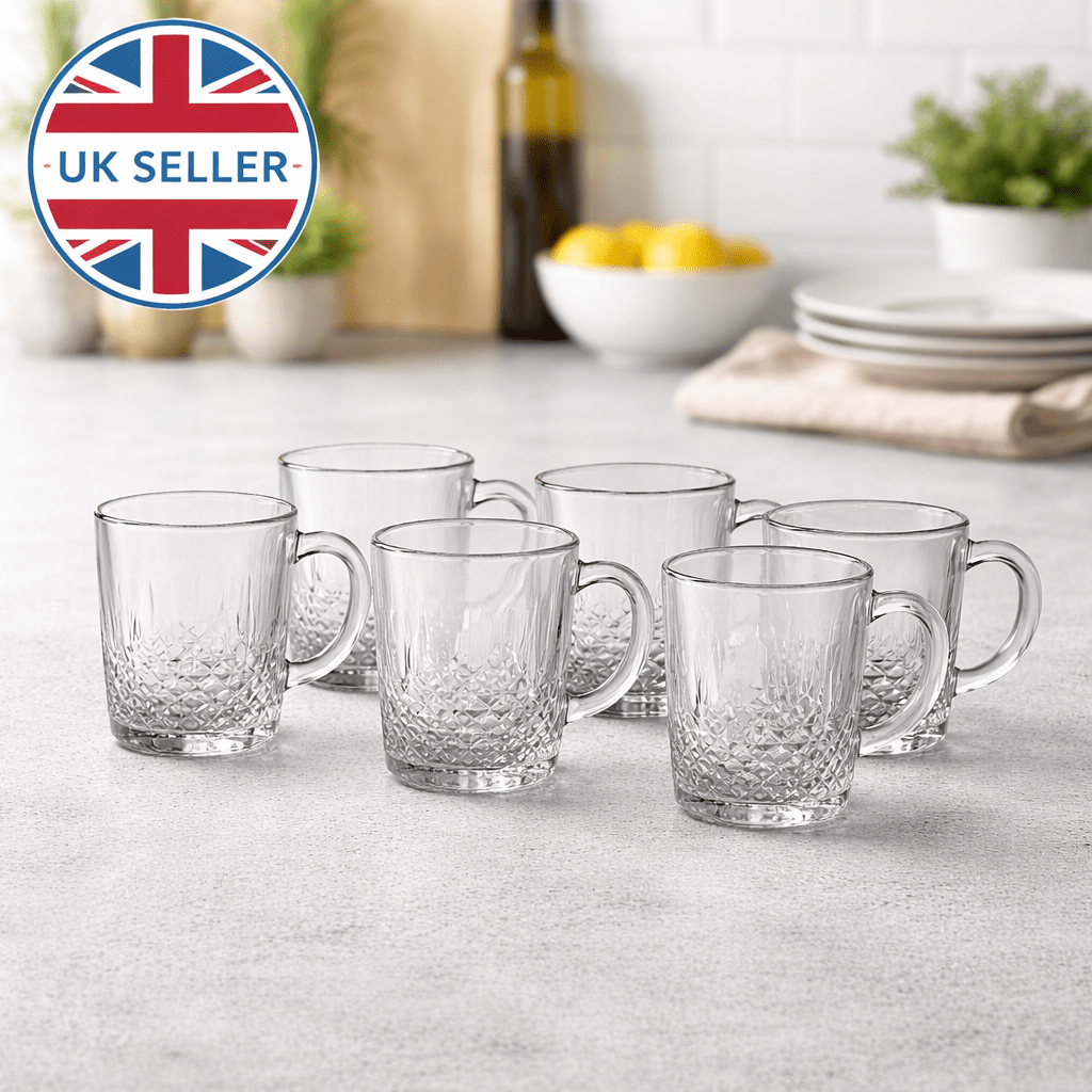 TEMU 6 Piece Glass Mug Set – 240ml Diamond Cut Tea & Coffee Cups, Microwave Safe, Heat Resistant Handle, Elegant For Home, Kitchen, Cafe & Daily Use