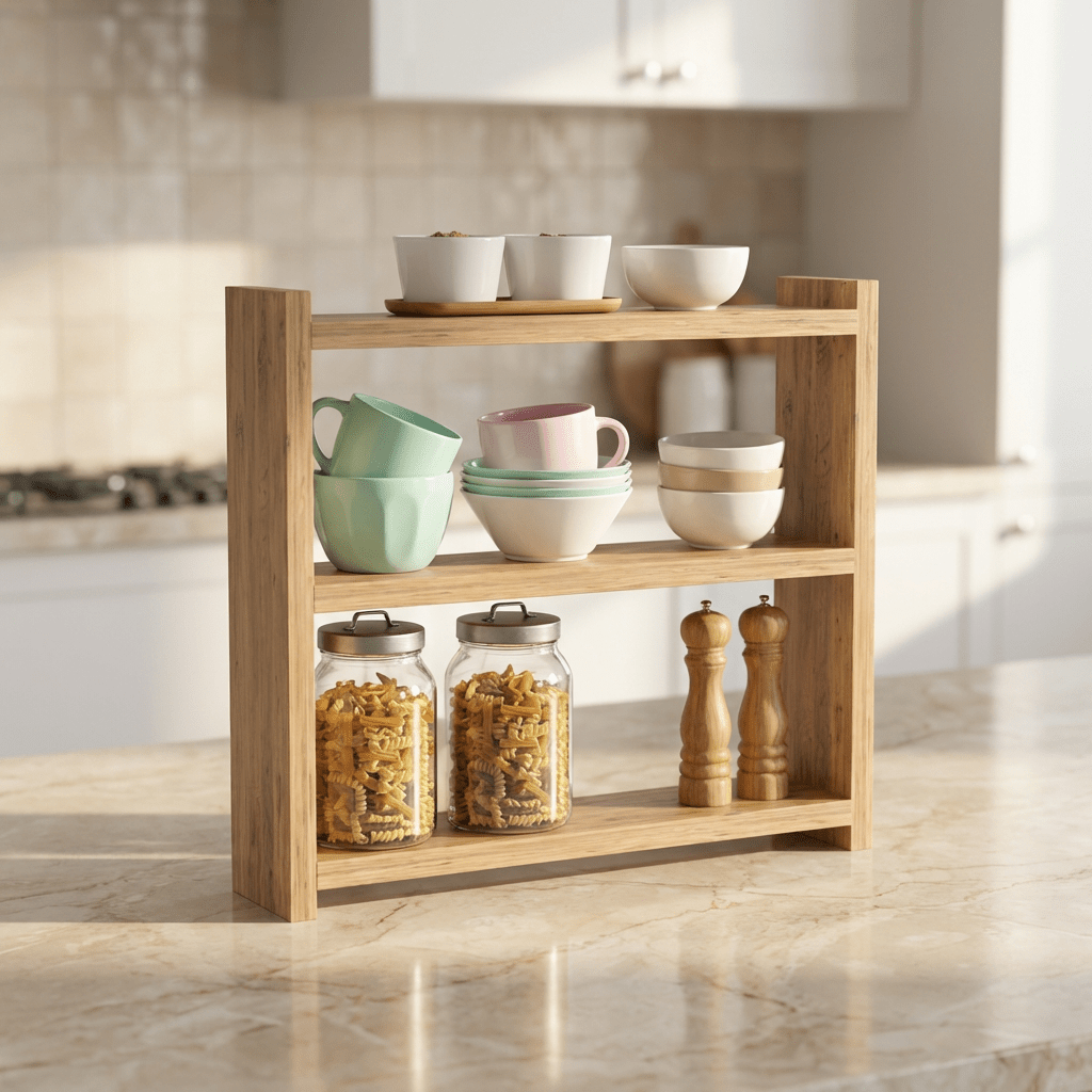 White Desktop Shelf By Casa Basics – Kitchen And Office Organizer, 44×40×9.5 Cm – 2-tier For Jars, Mugs, Spices, And Books