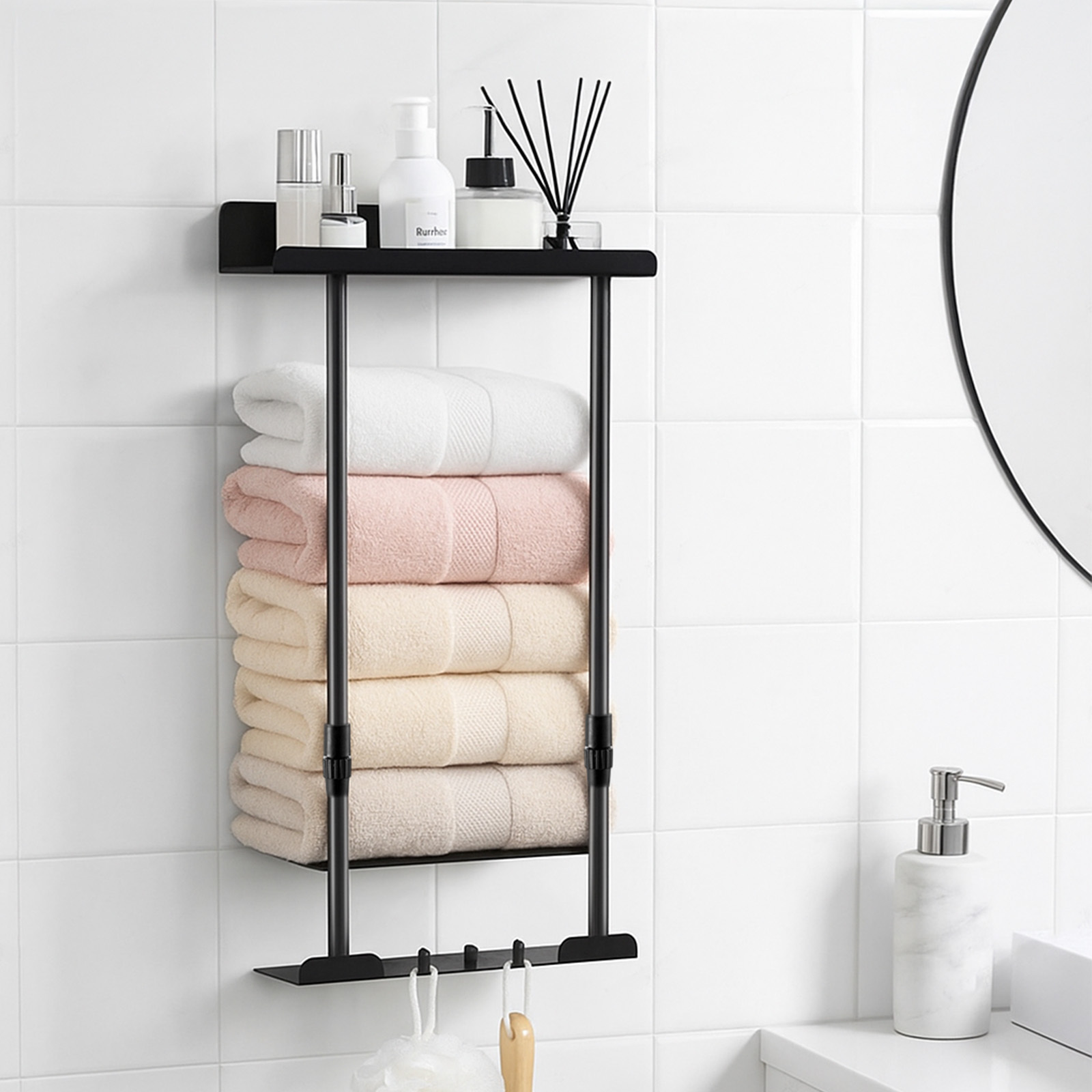 Black Towel Holder, Retractable Towel Holder With 3 Hooks, Towel Rack With Shelf For Bathroom Wall, Adjustable For Bathroom Wall