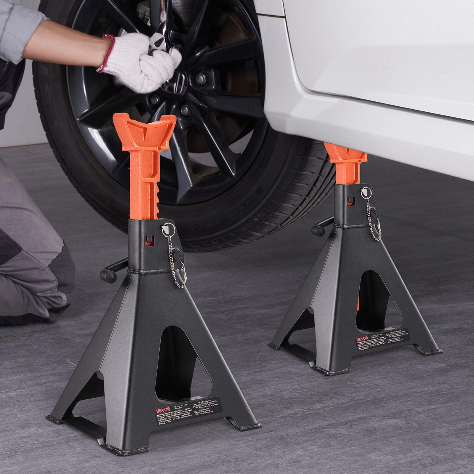 Image of Vevor Jack Stands, 6 Ton (13, 000 Lbs) Capacity, 370-580 Mm Adjustable Height, Heavy Duty Steel Jack Auto Stands With Double Locking, For Lifting Rv, Small Truck, Car, Suv, 1 Pair, Black And Orange