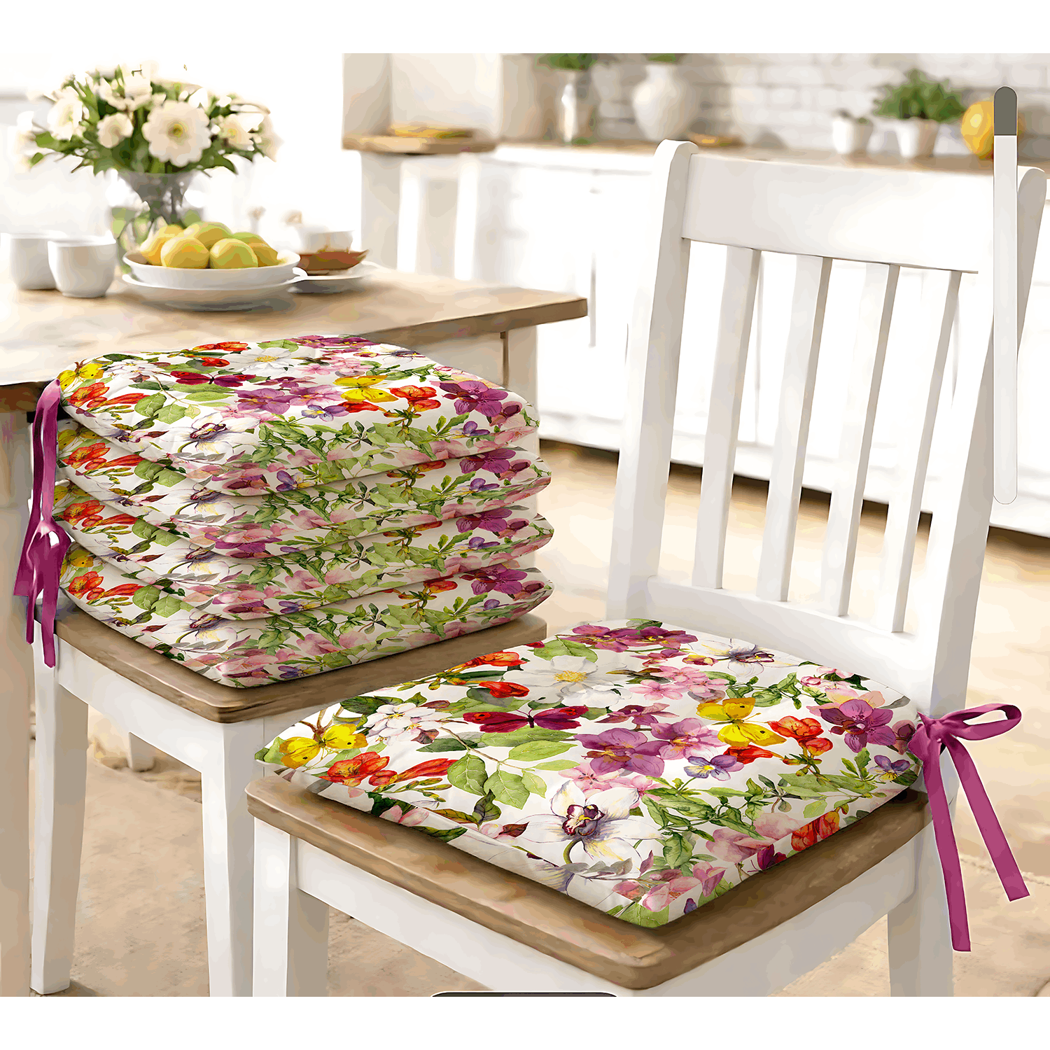 TEMU Chair Cushions With Ties, Set Of 6, 40x40 Cm – Digital Floral Print, Solid Fuchsia Base, Ultra Soft – Machine Washable