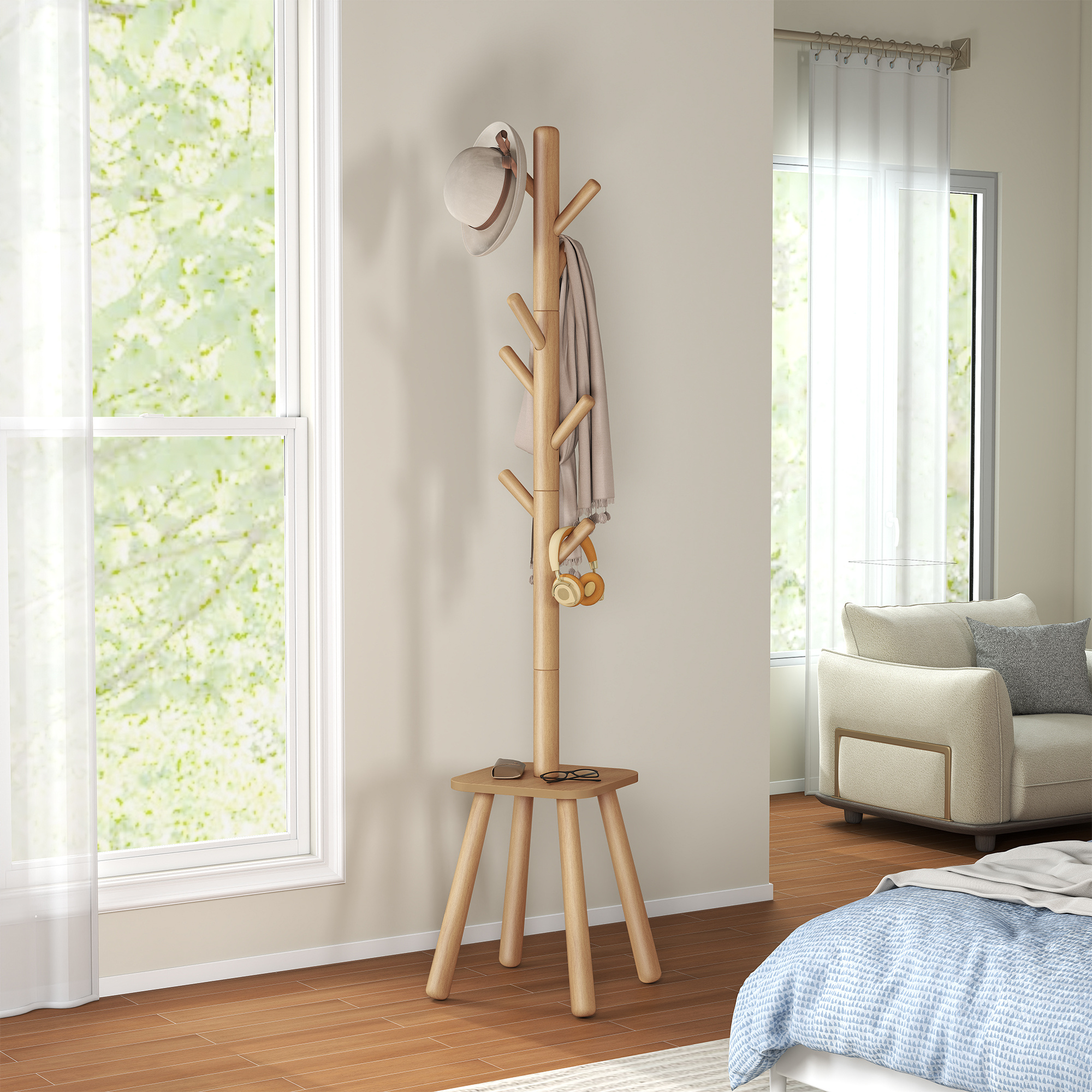 Coat Rack, Garment Rack With 8 Hooks And Shelf, 175.8 Cm Tall For Coats, Hats, Bags, Beige