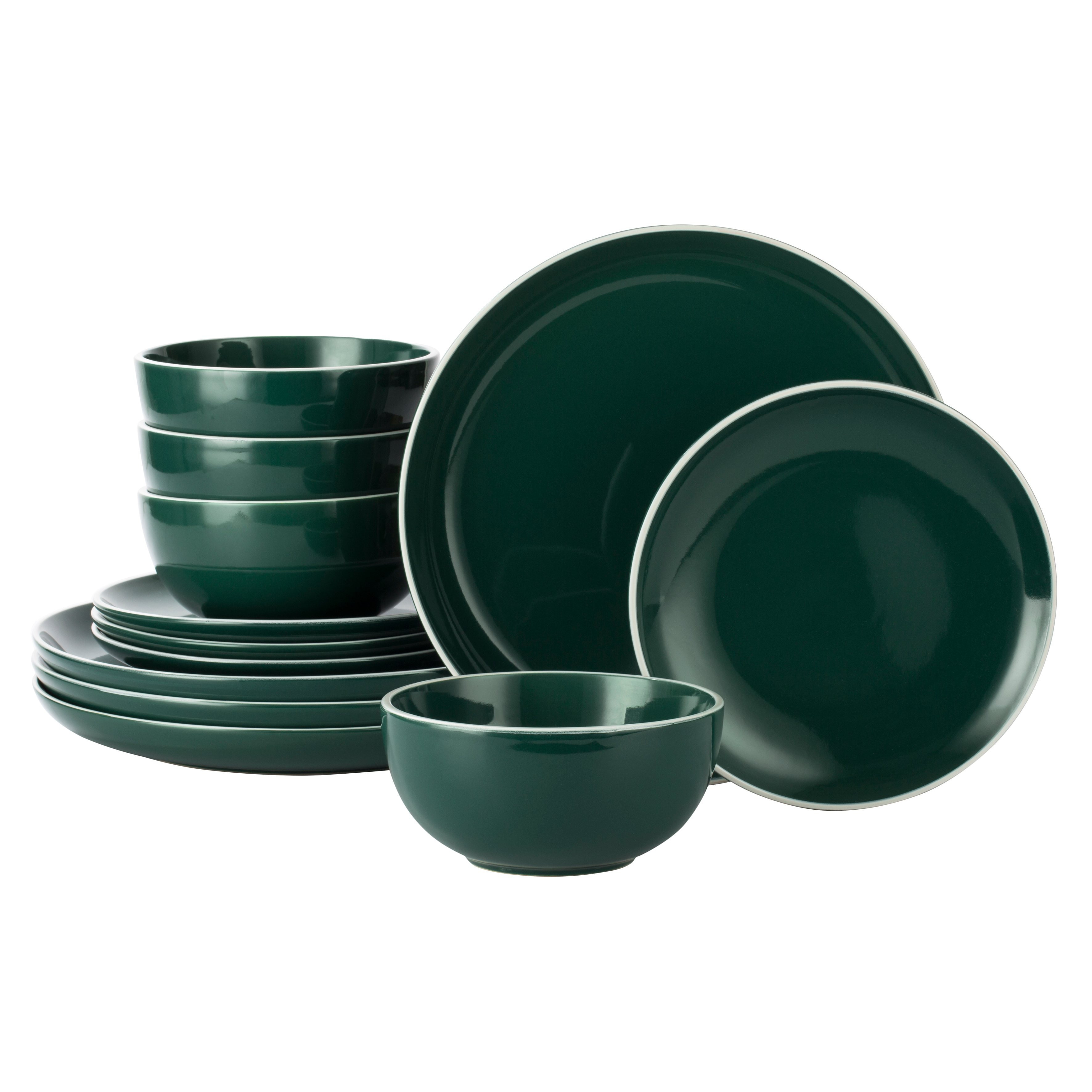 TEMU 12pc Emerald Green Waterside Stoneware Dinner Set; 4 Dinner Plates 4 Side Plates & 4 Deep Bowls - Dishwasher & Microwave Safe