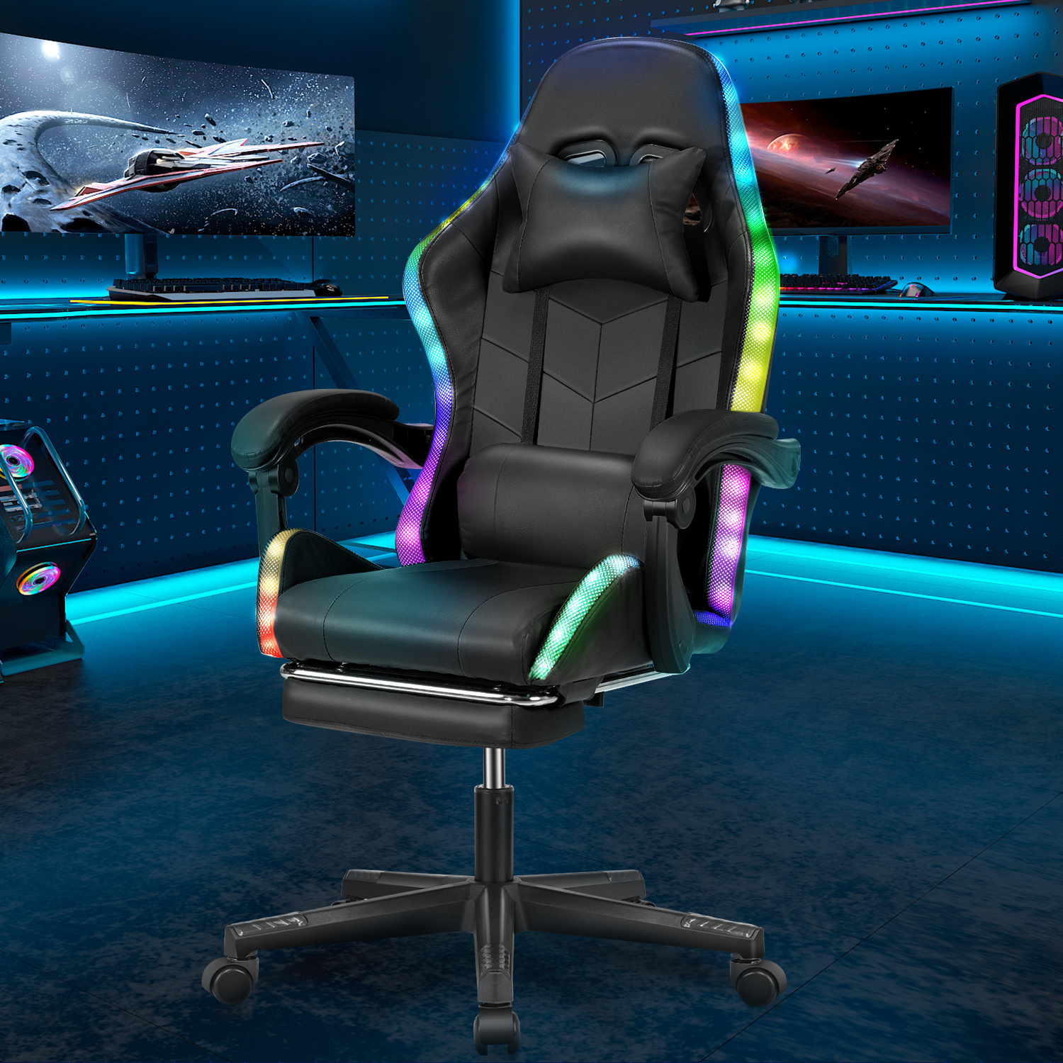 Image of Rgb Gaming Chair With Led Lights, Gamer Chair With Flashing Light Strip, Headrest And Lumbar Support, Adjustable Height And Tilt, 130 Kg Load Capacity, For Gaming Office (black)