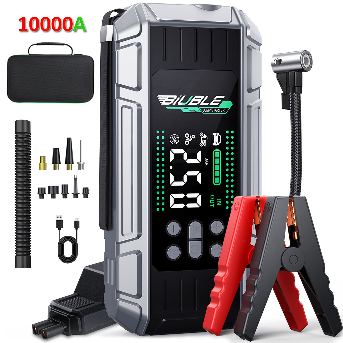 E-shop Auto Starthilfe mit Luftkompressor, kabelloser Inflator Pump, 10000A Spitzenleistung (für alle Benzin- oder 16L Dieselmotoren), 12V Auto Booster